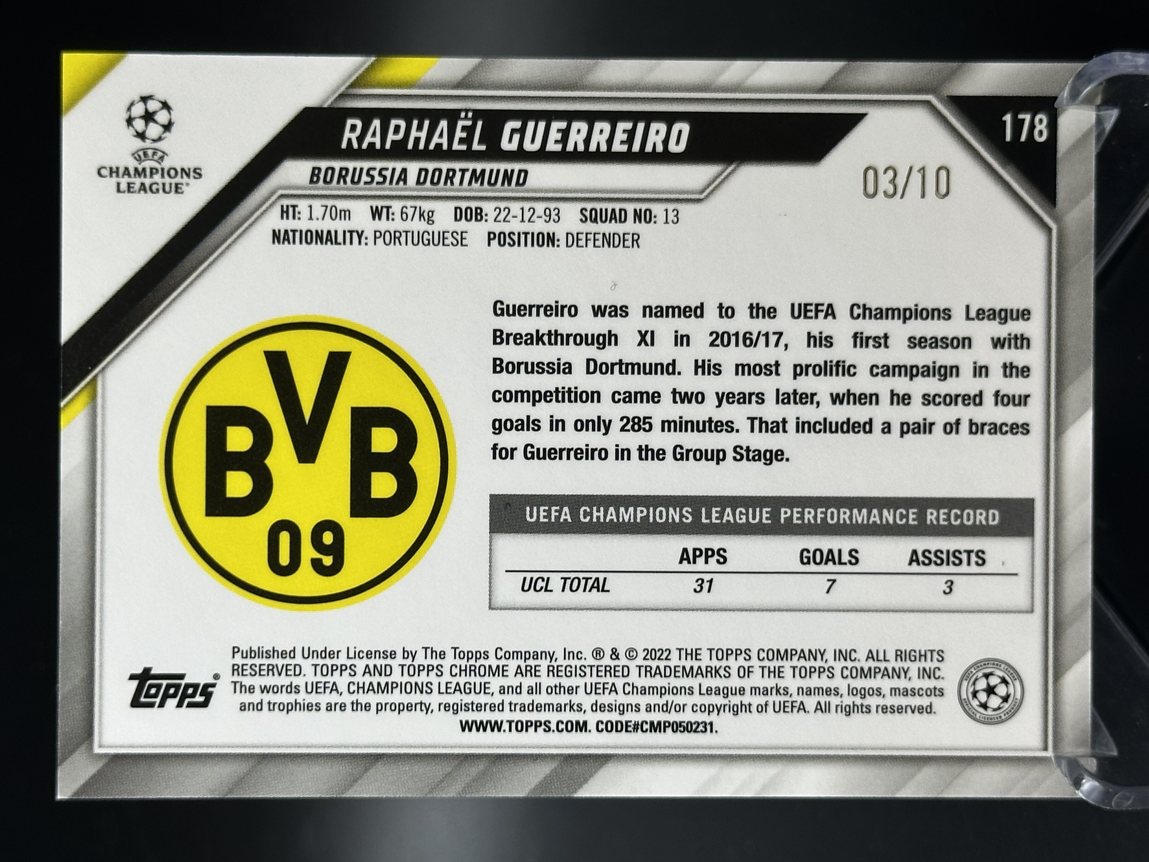 2021-22 Topps Chrome Raphael Guerreiro 【小黄拍卖】欧冠 格雷罗 多特蒙德 红折 03/10编 超低编 少见「cook」