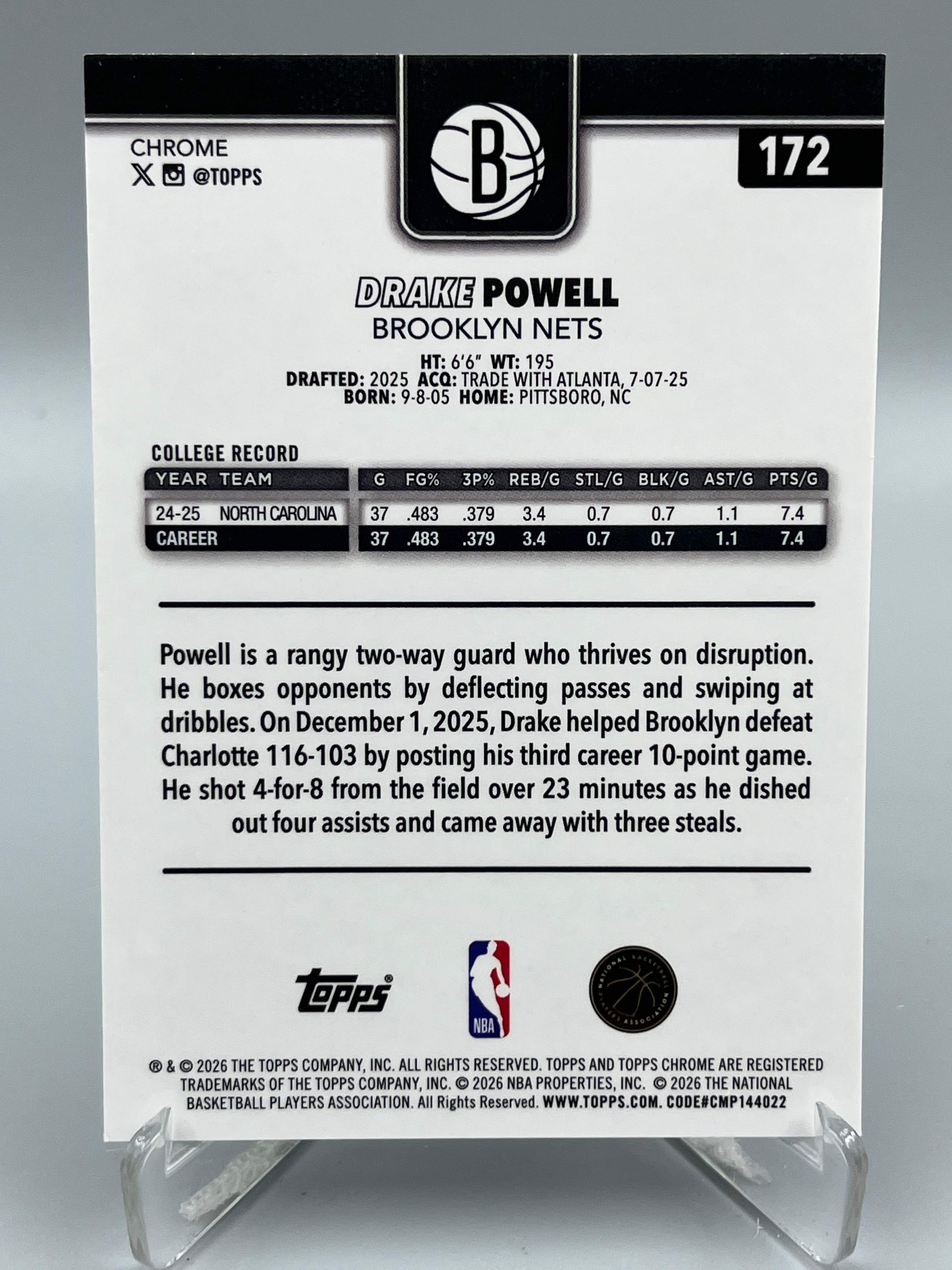 2026 Topps Chrome Drake Powell RC TC 德雷克 鲍威尔 新秀 布鲁克林篮网 银折【暴富 仇总】y