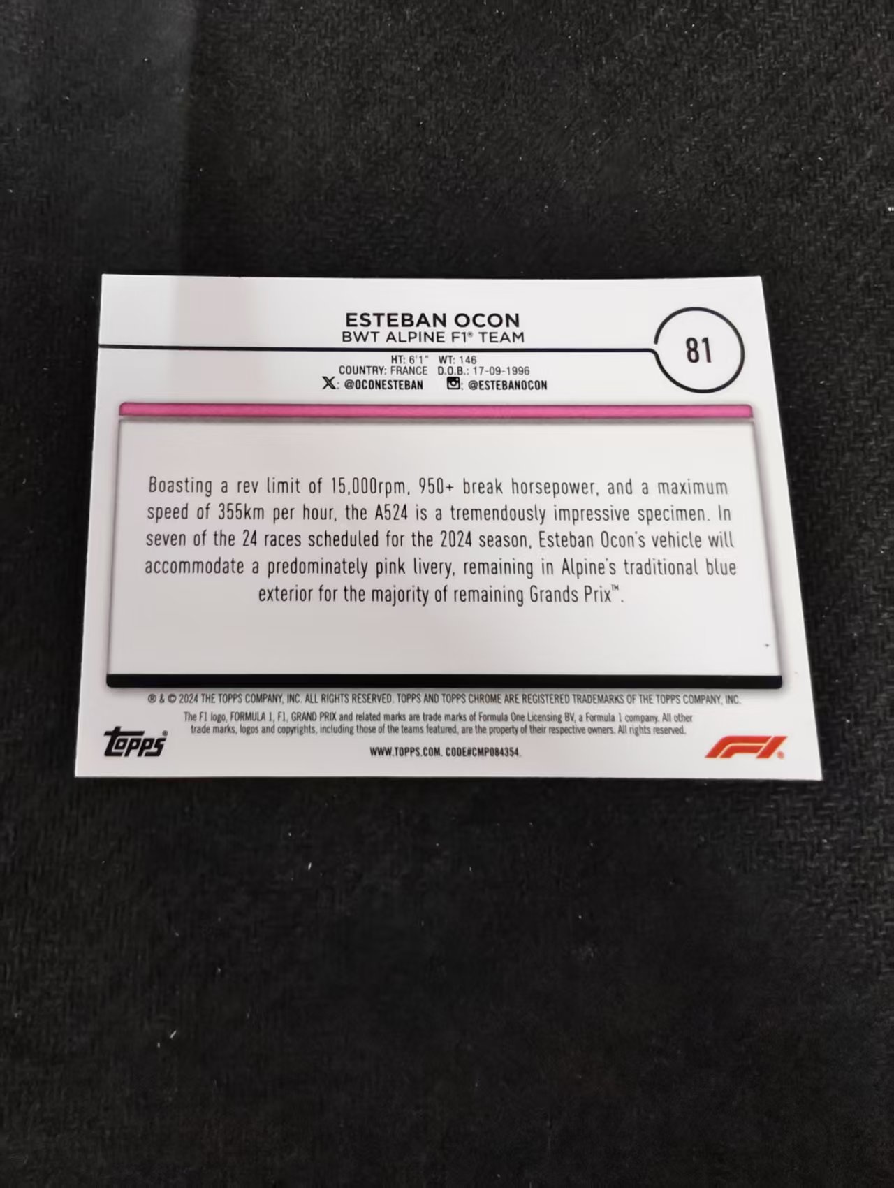 2024 Topps Chrome F1 Esteban Ocon 埃斯特班 奥康 阿尔派车队 划痕 边角瑕疵 #81