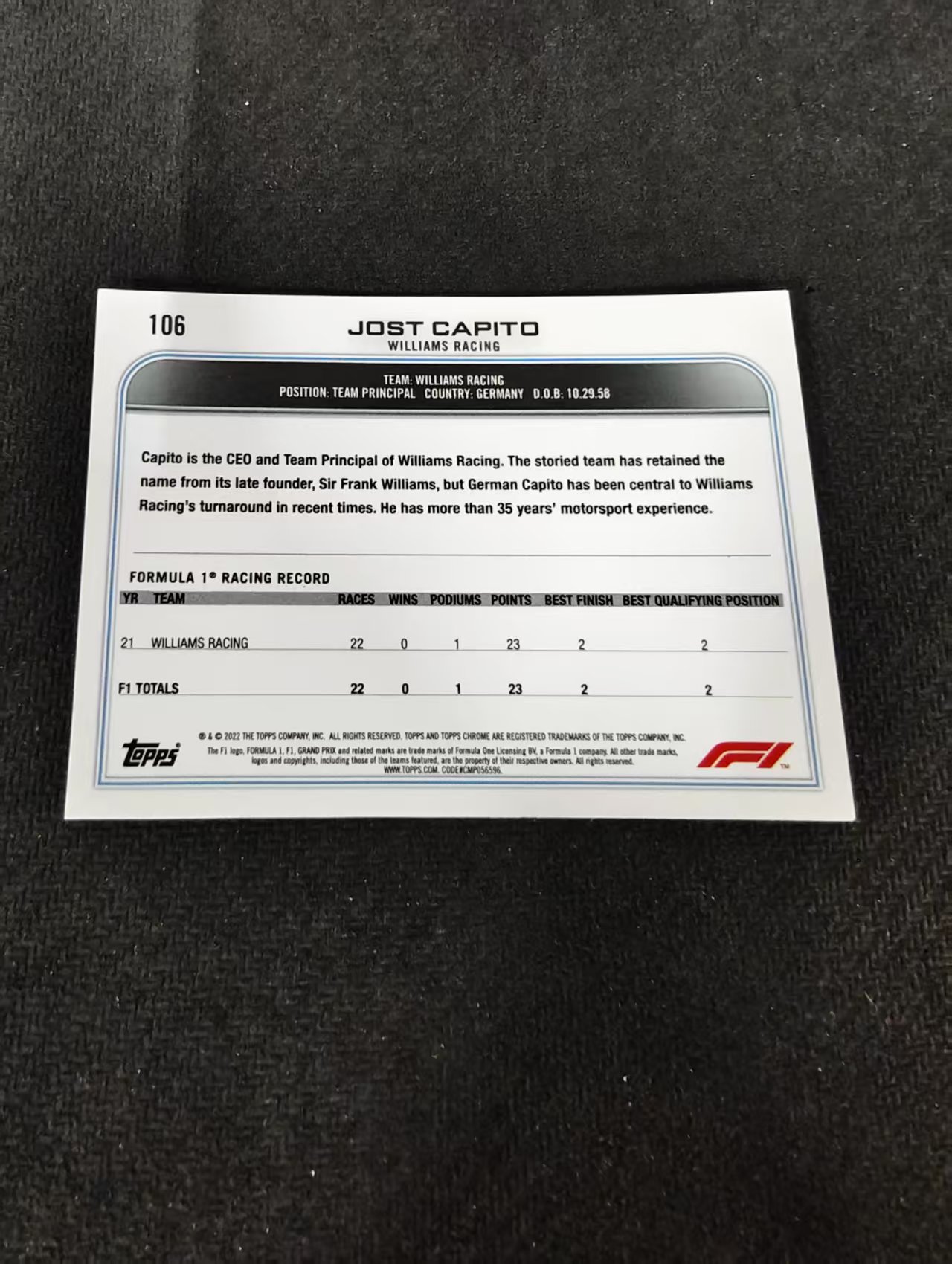 2022 Topps Chrome F1 Jost Capito 约斯特 卡皮托 威廉姆斯 划痕 边角瑕疵#106