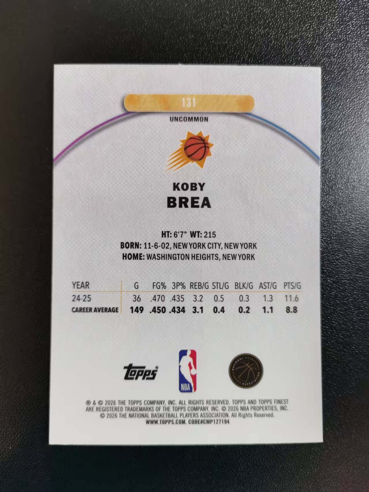 2026 Topps Finest Koby Brea RC 科比布雷亚 太阳 新秀年rookie 二级 收藏凑套 卡品如图 免费代拍CC02