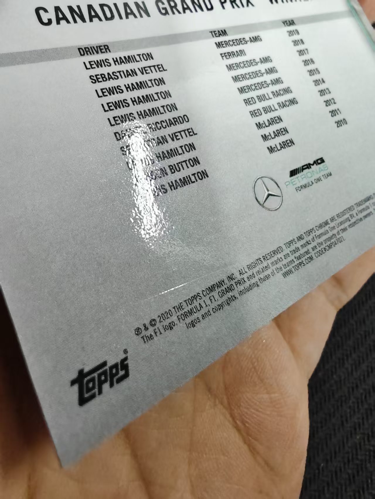 【汽水拍卖】2020 Topps Chrome F1 Lewis Hamilton 元年 方程式赛车 蓝宝石系列 刘易斯 汉密尔顿 梅赛德斯奔驰车队 蓝碎冰折 捧杯 划痕