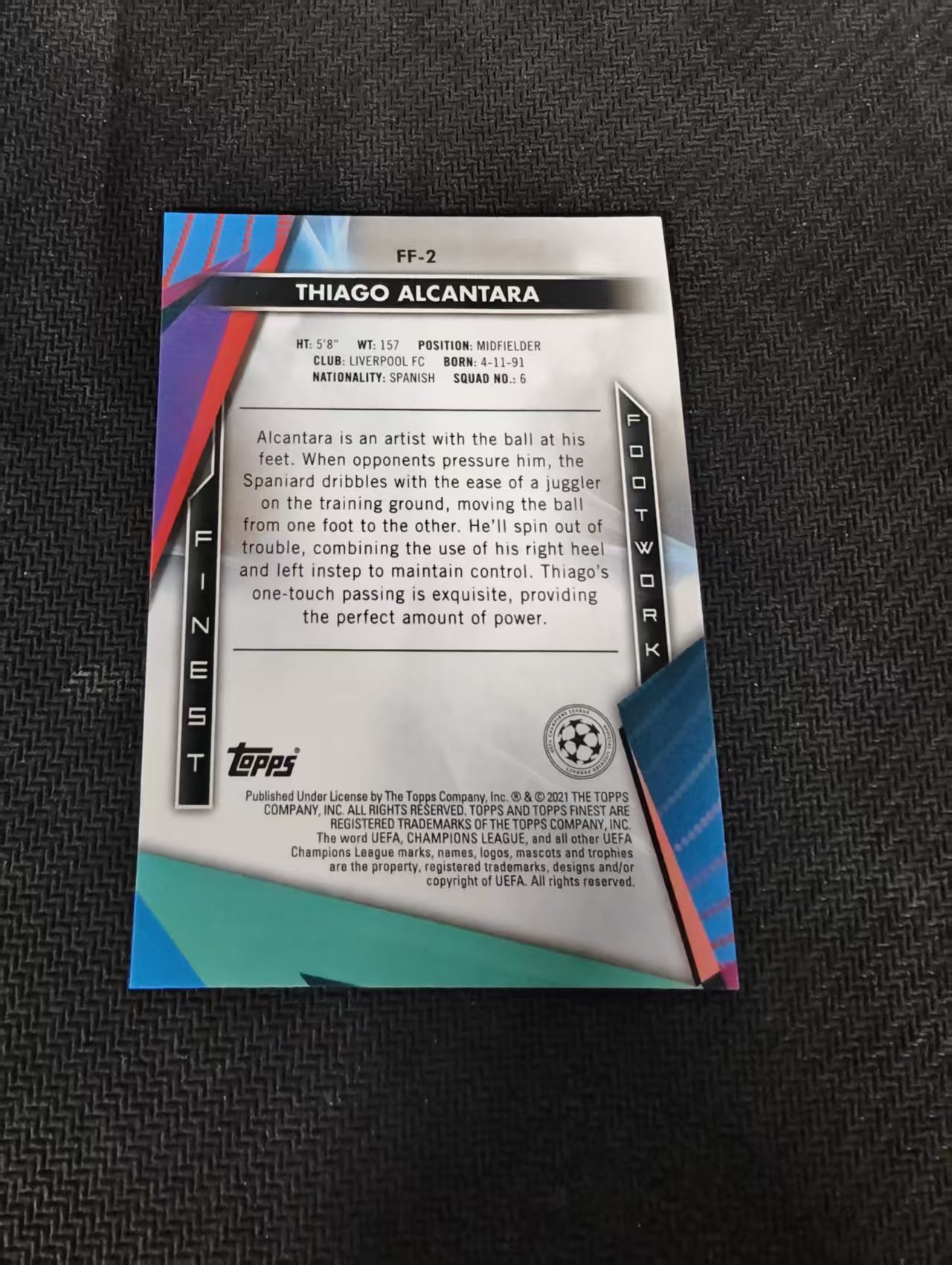 【可合并,不累计】2021 Topps finest Thiago Alcantara 亚戈 阿尔坎塔拉 利物浦 拜仁 欧冠 银折 特卡 #2 划痕 边角瑕疵