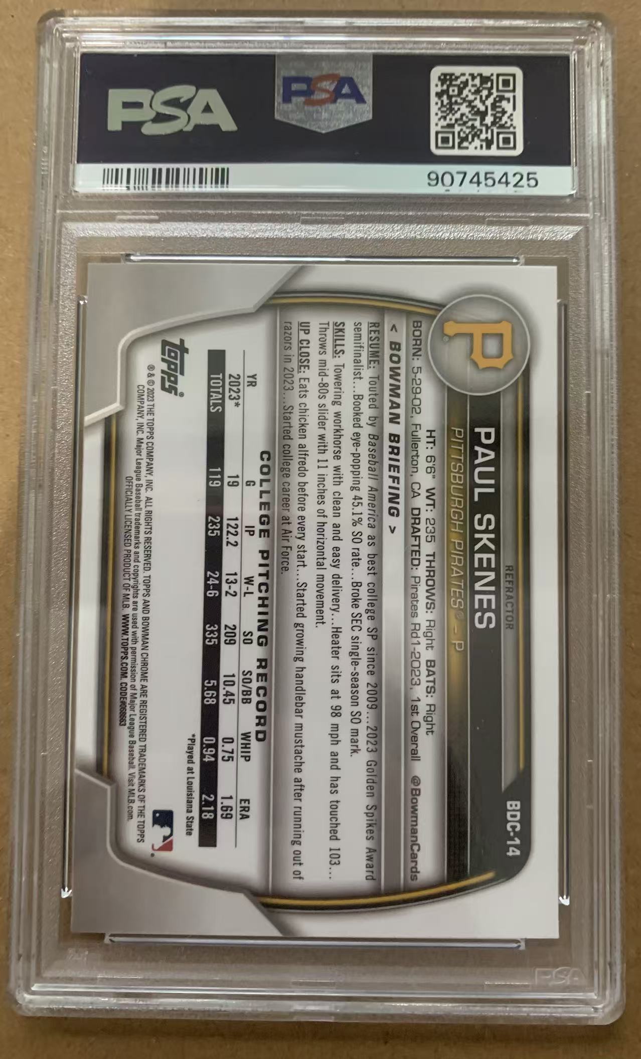 【瞳瞳代卖】2023 Topps Bowman Draft 状元 保罗 斯肯斯 Paul Skenes 1st RC 新秀卡 银折 PSA9