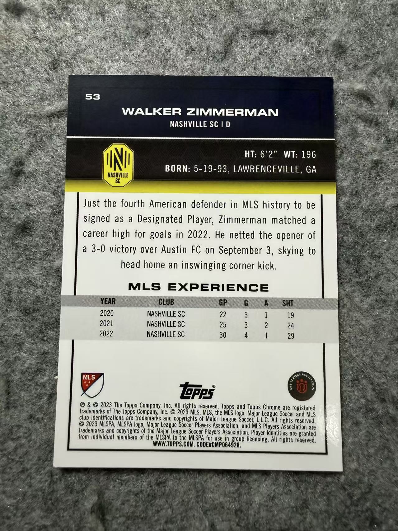 2023 Topps Chrome Walker Zimmerman 美职联 TC 纳什维尔SC 齐默尔曼 /125编 青折 折射 收藏 凑套 通行卡品