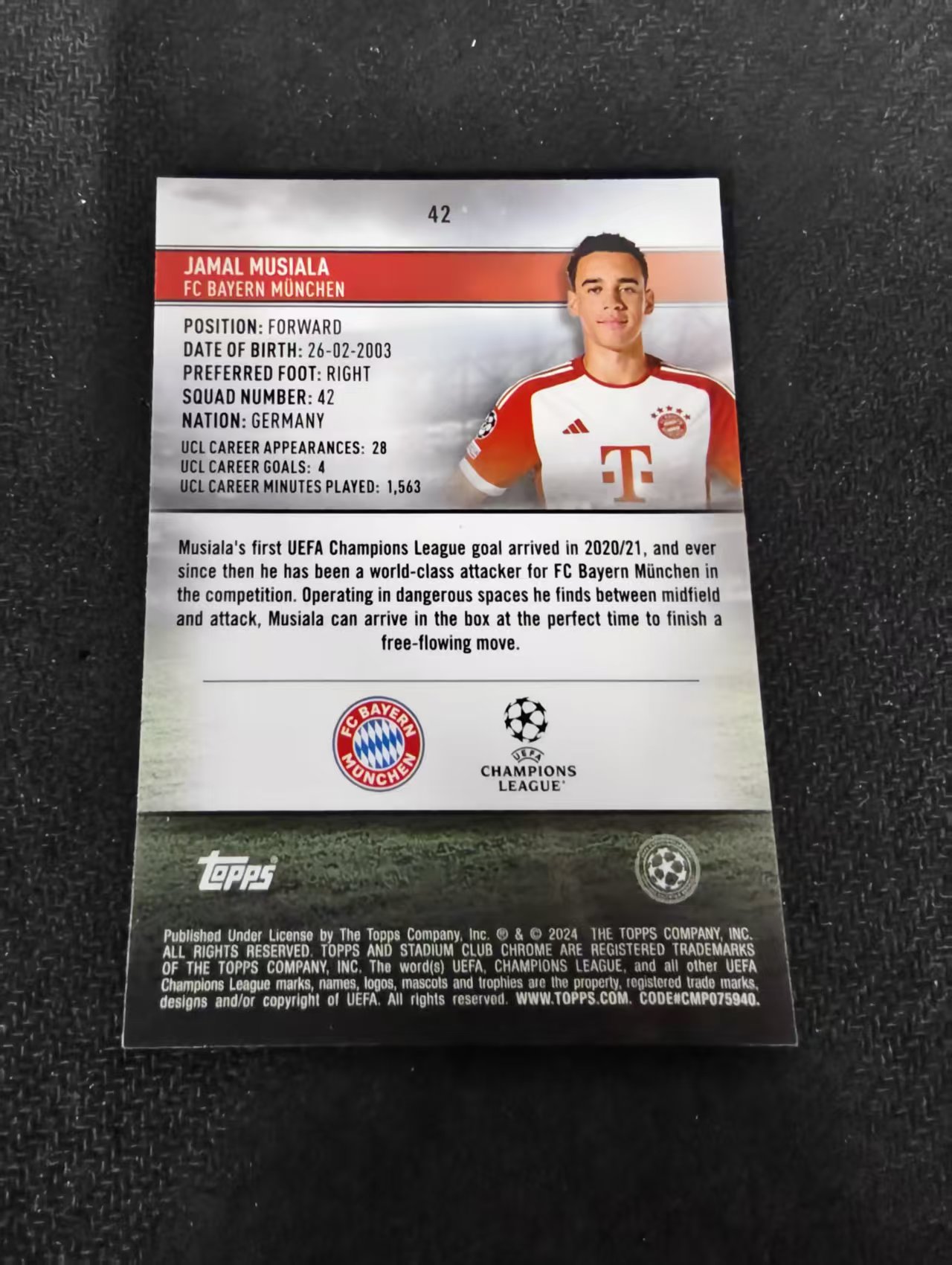 【可合并,不累计】2024 Topps Chrome Jamal Musiala 竞技场 穆西亚拉 穆夏拉 拜仁慕尼黑 欧冠 不保卡品 介意勿拍 #42