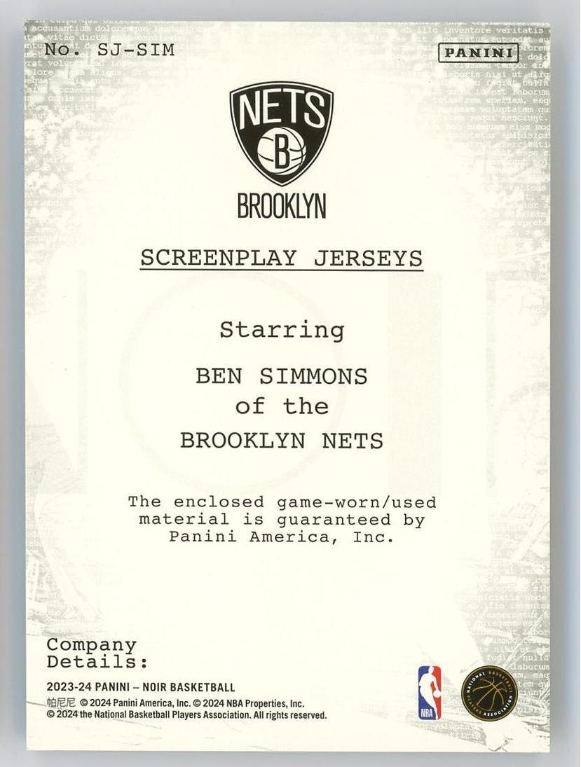 2023-24 Panini Noir Ben Simmons 本西蒙斯 诺尔 99编 亲穿 球衣 物料 篮网 卡品如图 0YQ3/11.16