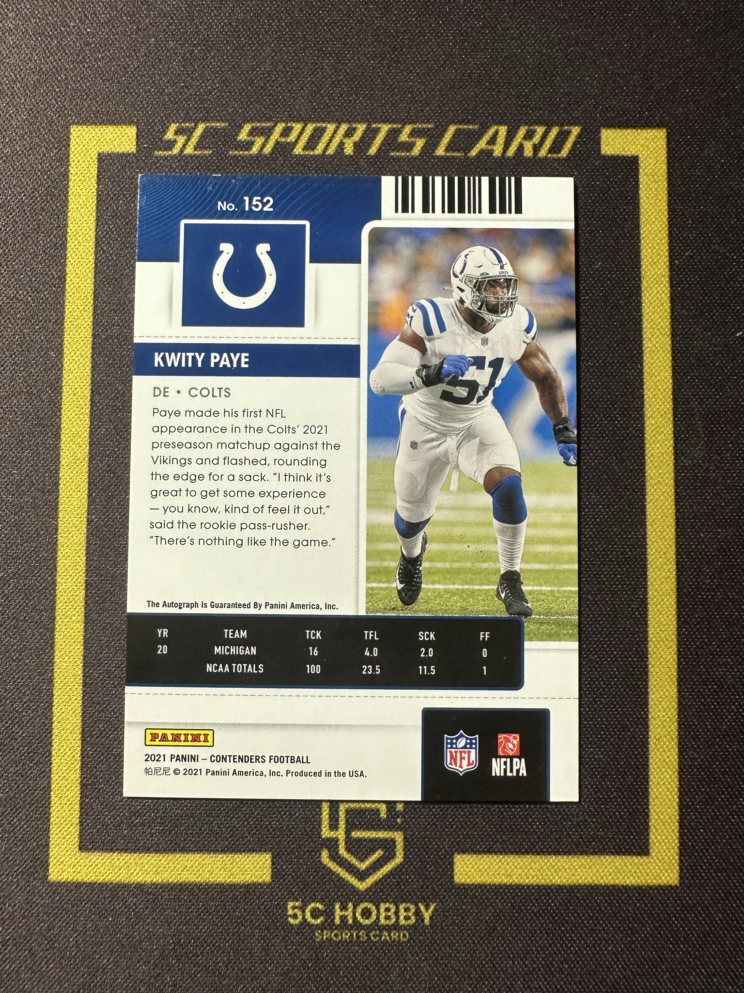 【主演出卡】2021 panini 橄榄球 contenders 球票系列 小马队 Kwity Paye 新秀 球票 签字 卡品如图 折射