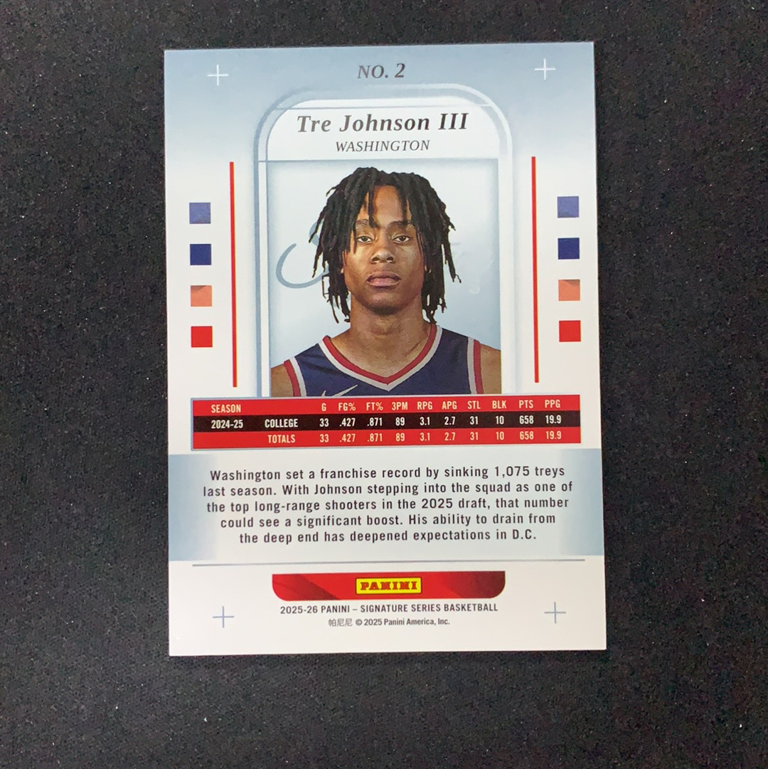 2025-26 Panini Signature Series Tre Johnson RC 【SC拍卖】新秀 特雷约翰逊 6/25编 碎冰折 收藏必备(小骆)