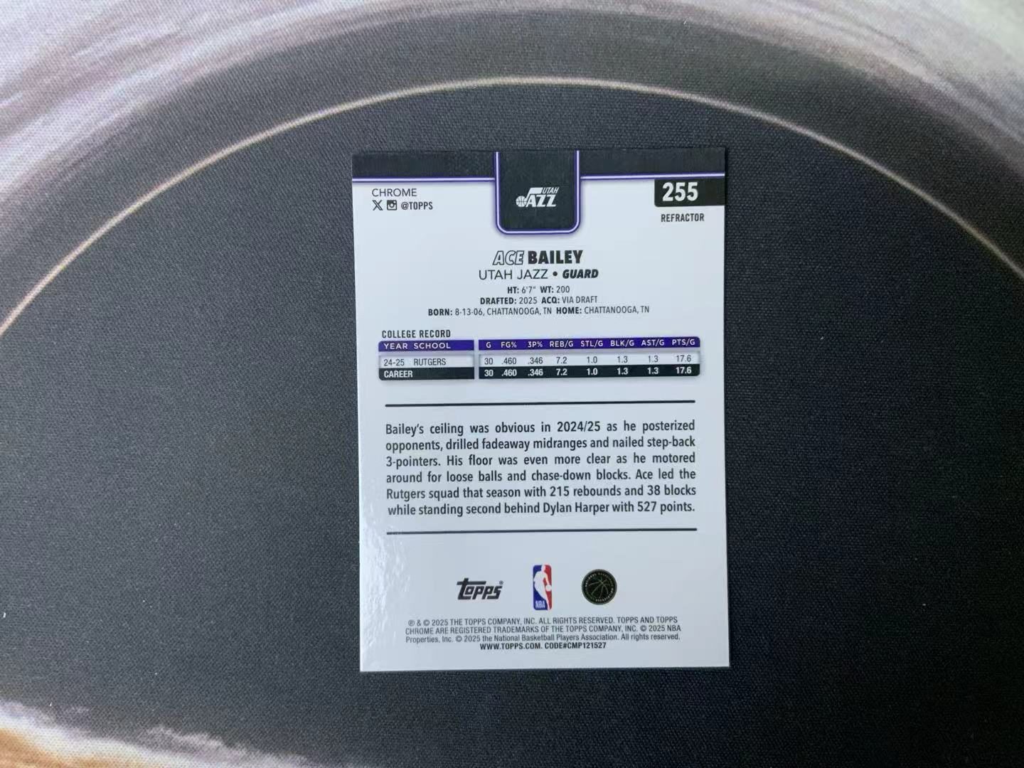 2025-26 Topps Chrome Ace bailey RC tc 爵士 埃斯 贝利 新秀 银折 卡品如图 可乐