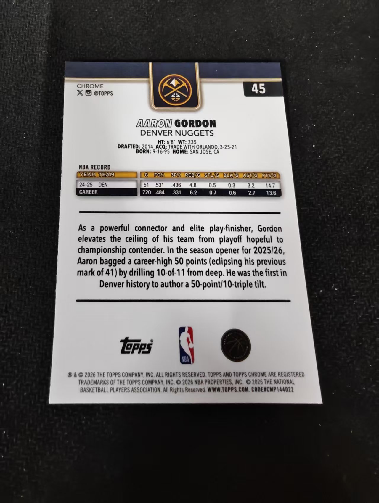 2026 Topps Chrome Update Aaron Gordon 掘金 阿隆 戈登 TCU 划痕 边角瑕疵 #45