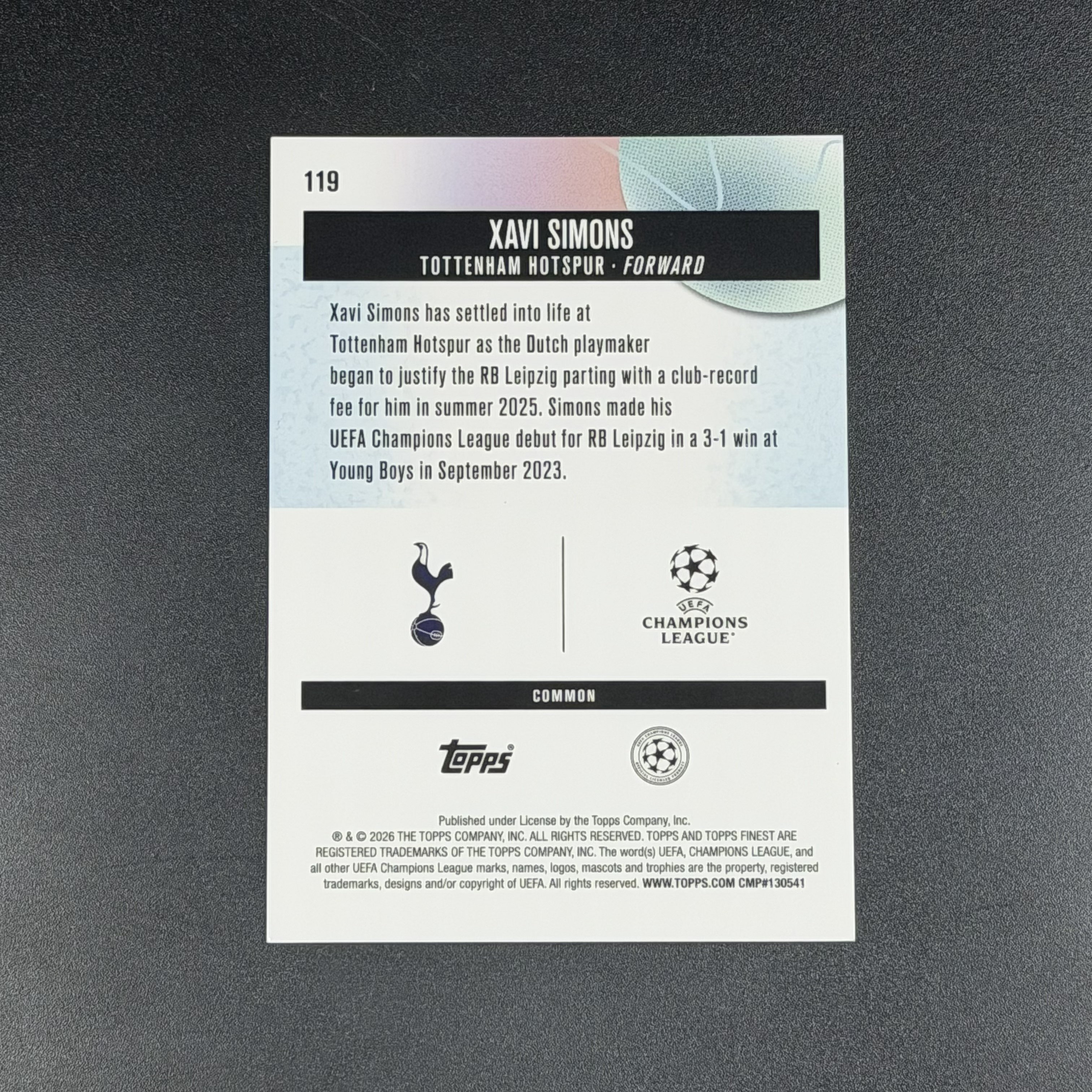【浩冉拍卖】2026 Topps Finest 足球欧冠 Xavi Simons 哈维 西蒙斯 12/25编 橙折 低编 一级 热刺 #海豹#