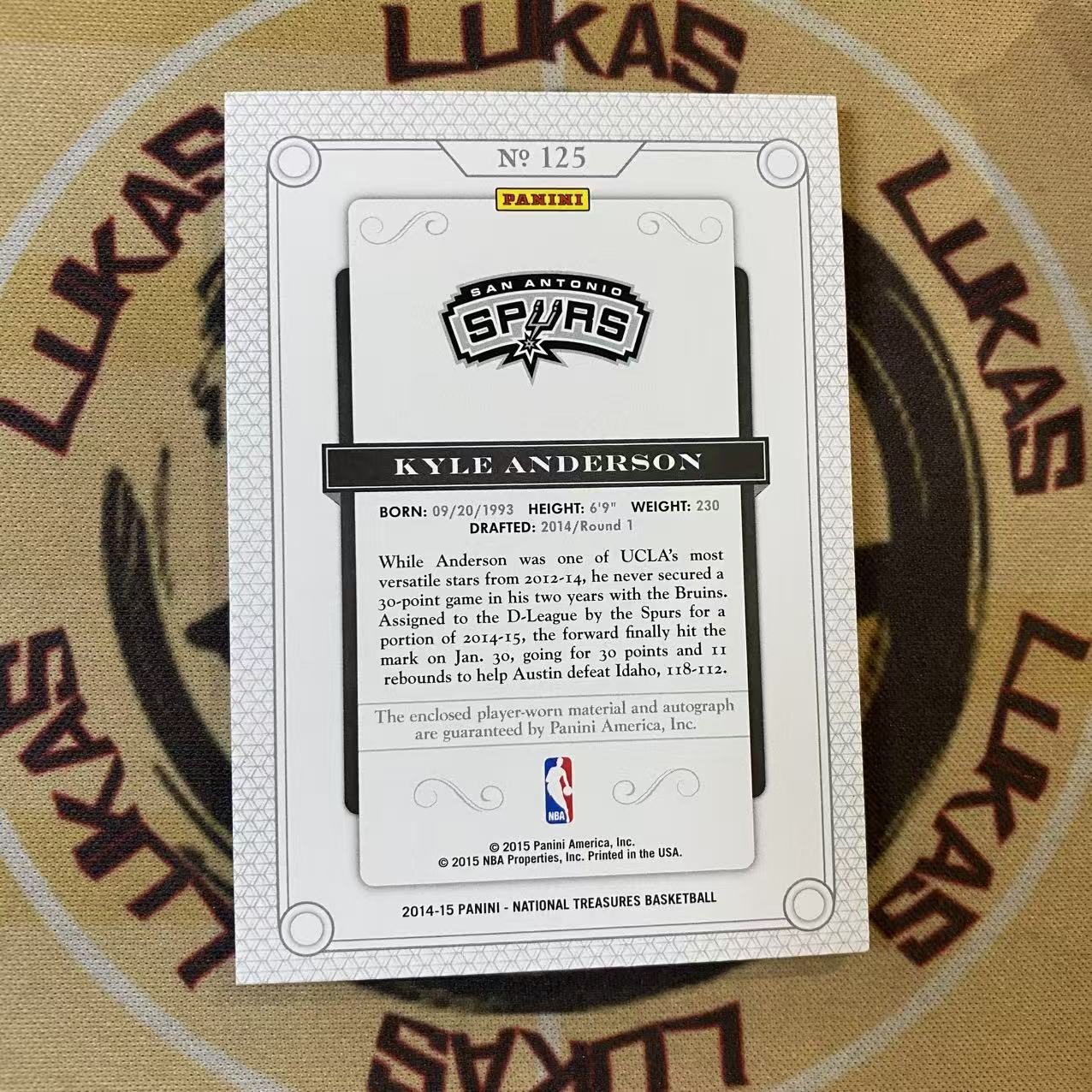 撸卡厮 Lukas 1415 国宝 马刺 潜力新秀 李凯尔 凯尔 安德森 Kyle Anderson 新秀 25编 patch 球衣 签字卡 新秀签 卡签 rpa 小瑕如图(青)