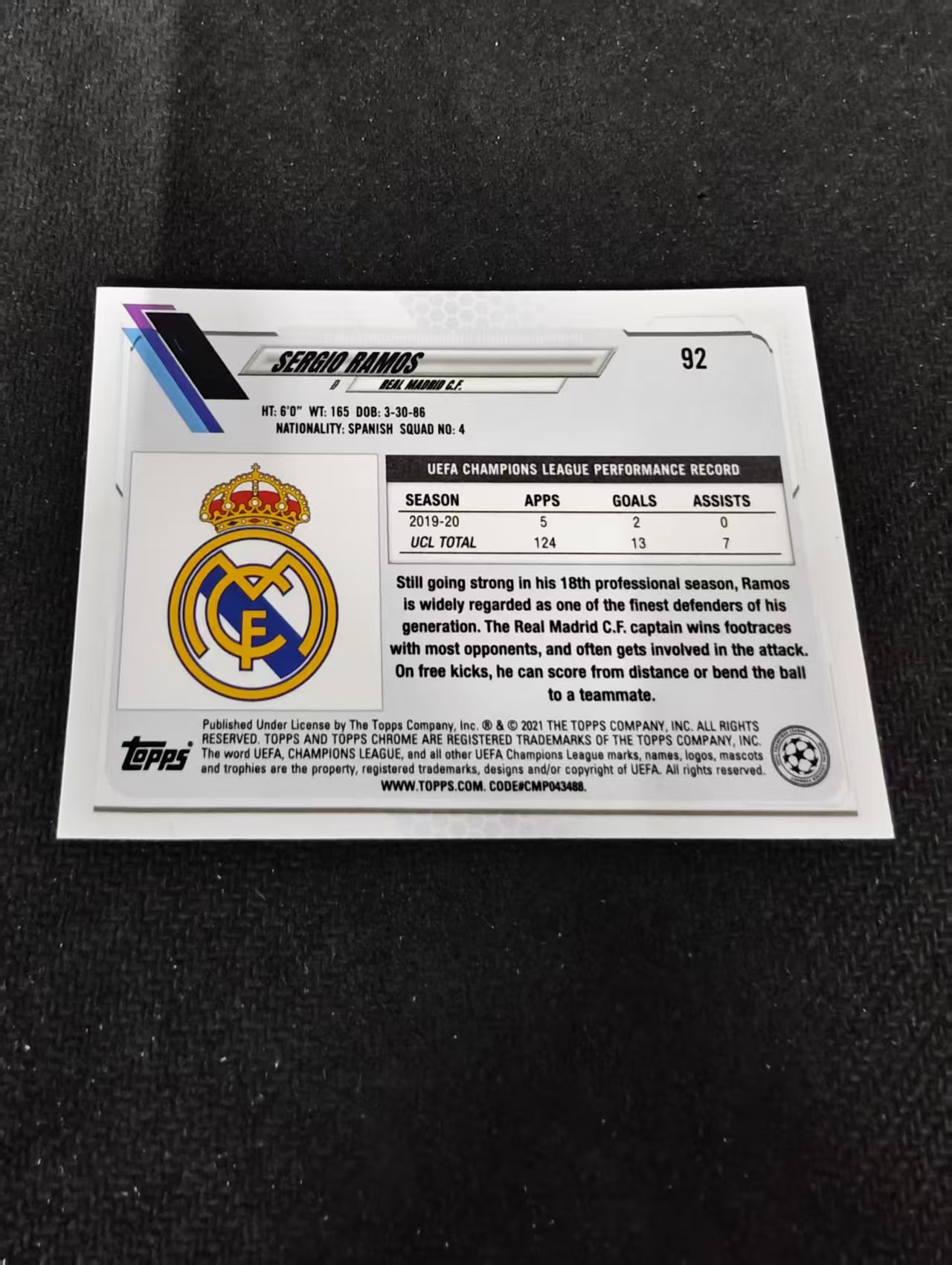 【可合并,不累计】 2021 Topps Chrome Sergio Ramos 塞尔吉奥 拉莫斯 水爷 皇家马德里 欧冠 碎花折 碎点折 划痕 边角瑕疵 #92