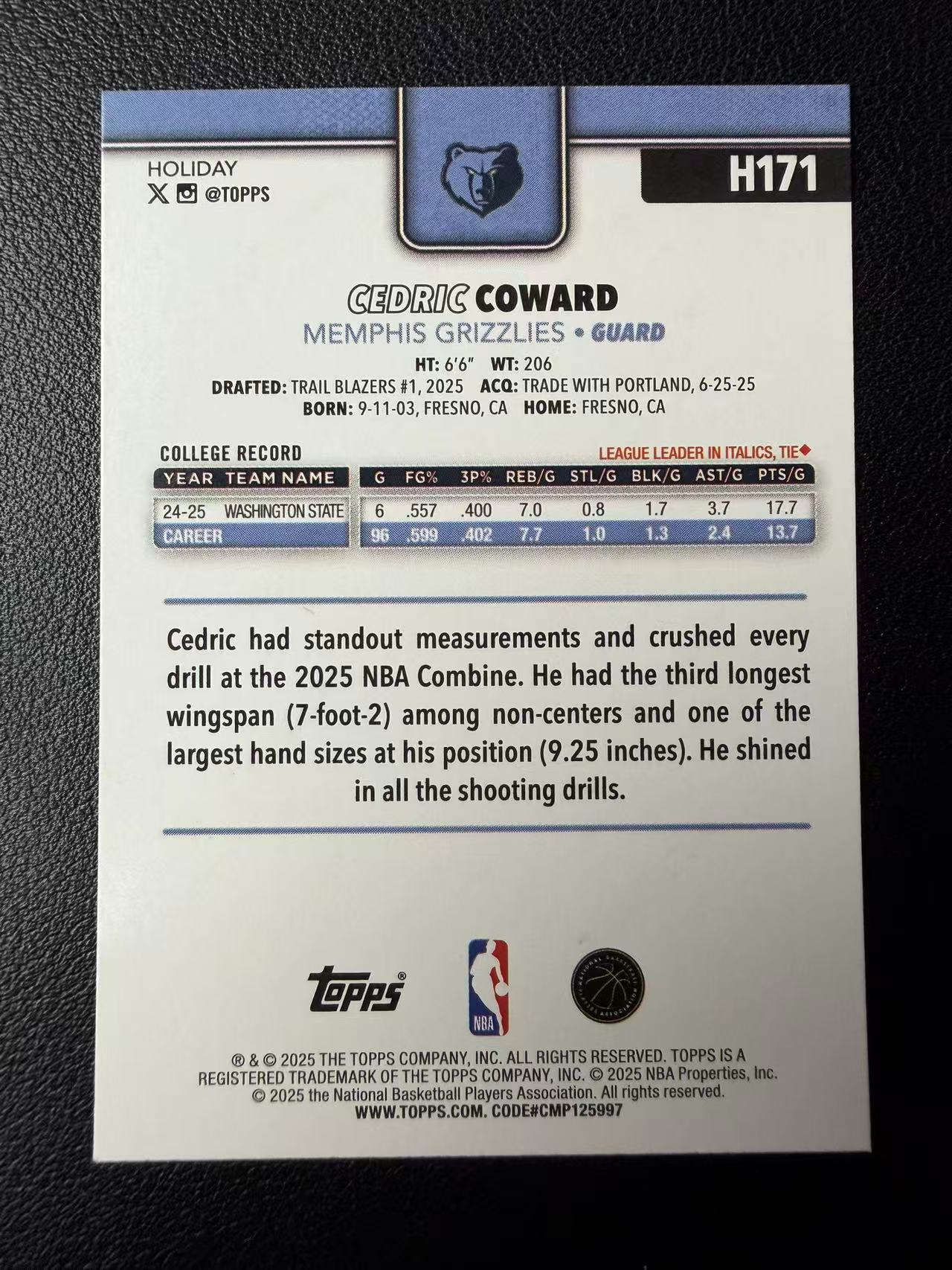 2025 Topps Holiday Cedric Coward RC Topps 假日系列 灰熊 塞德里克 考沃德 新秀 灰平行 碎闪折 圣诞元素 卡品如图(郭)