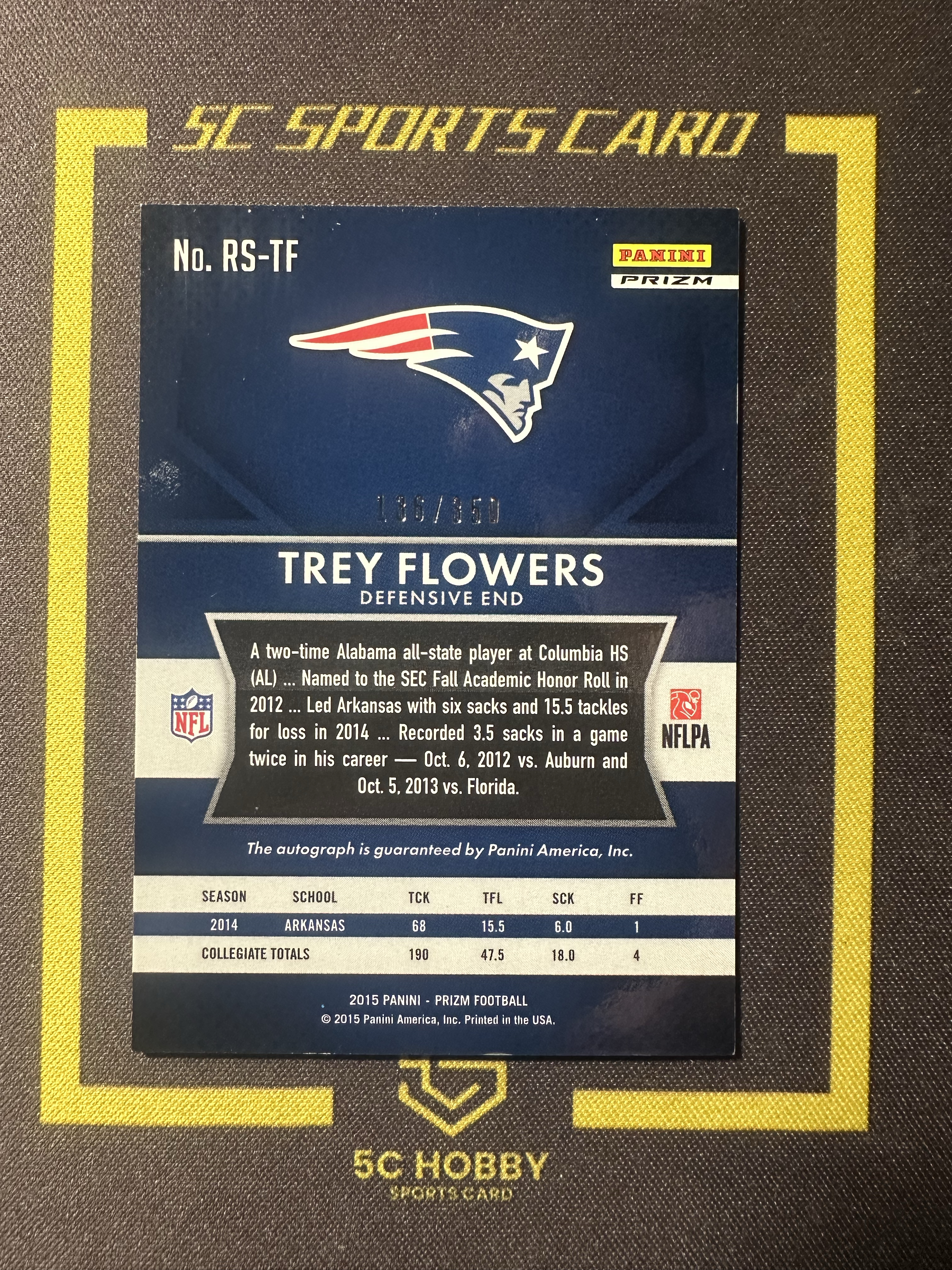 【主演出卡】 2015 panini prizm 橄榄球 爱国者 新秀 Trey Flowers 136/350 新秀 银折 签字 卡品如图