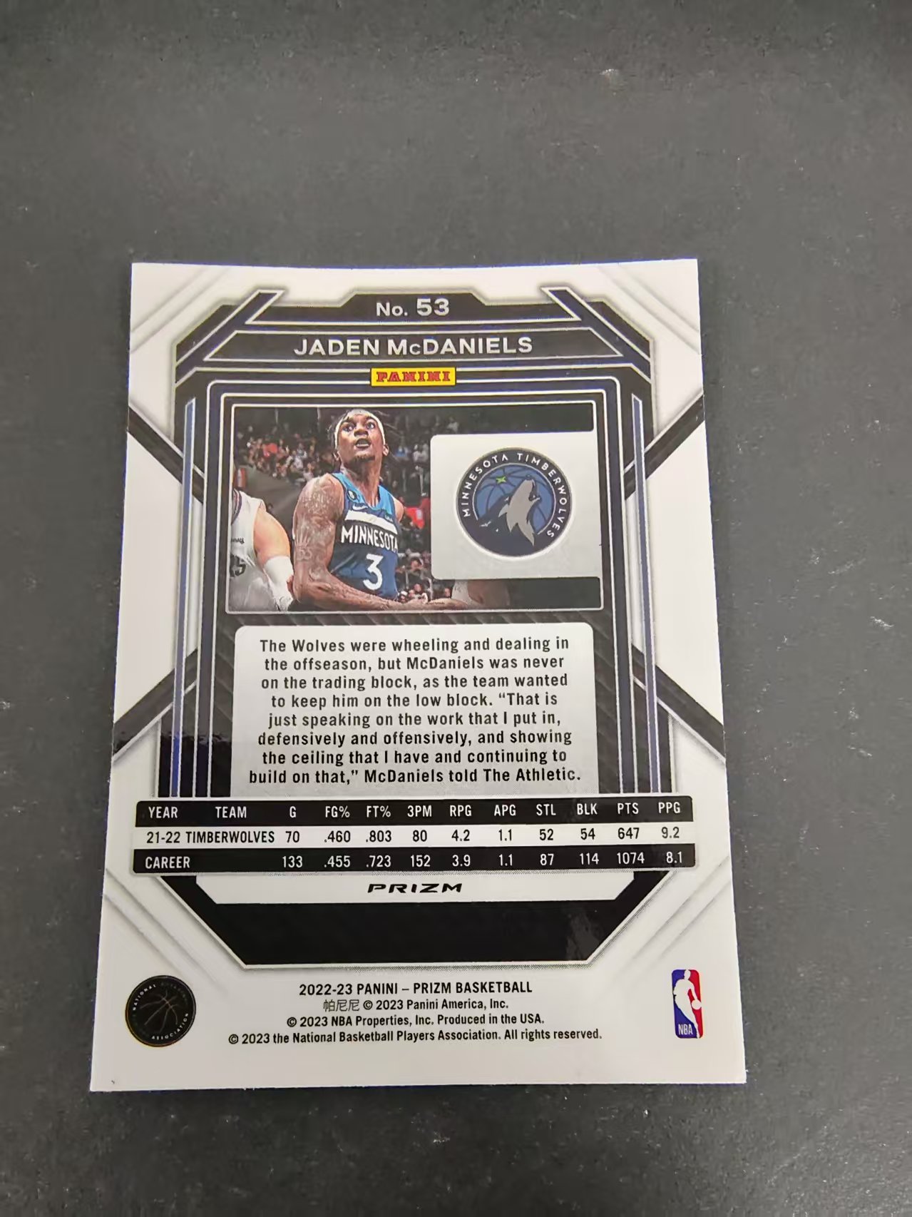 【可合并,不累计】2022-23 Panini Prizm Jaden McDaniels 杰登 麦克丹尼尔斯 森林狼 PZ 脉冲折 划痕 边角瑕疵 #53