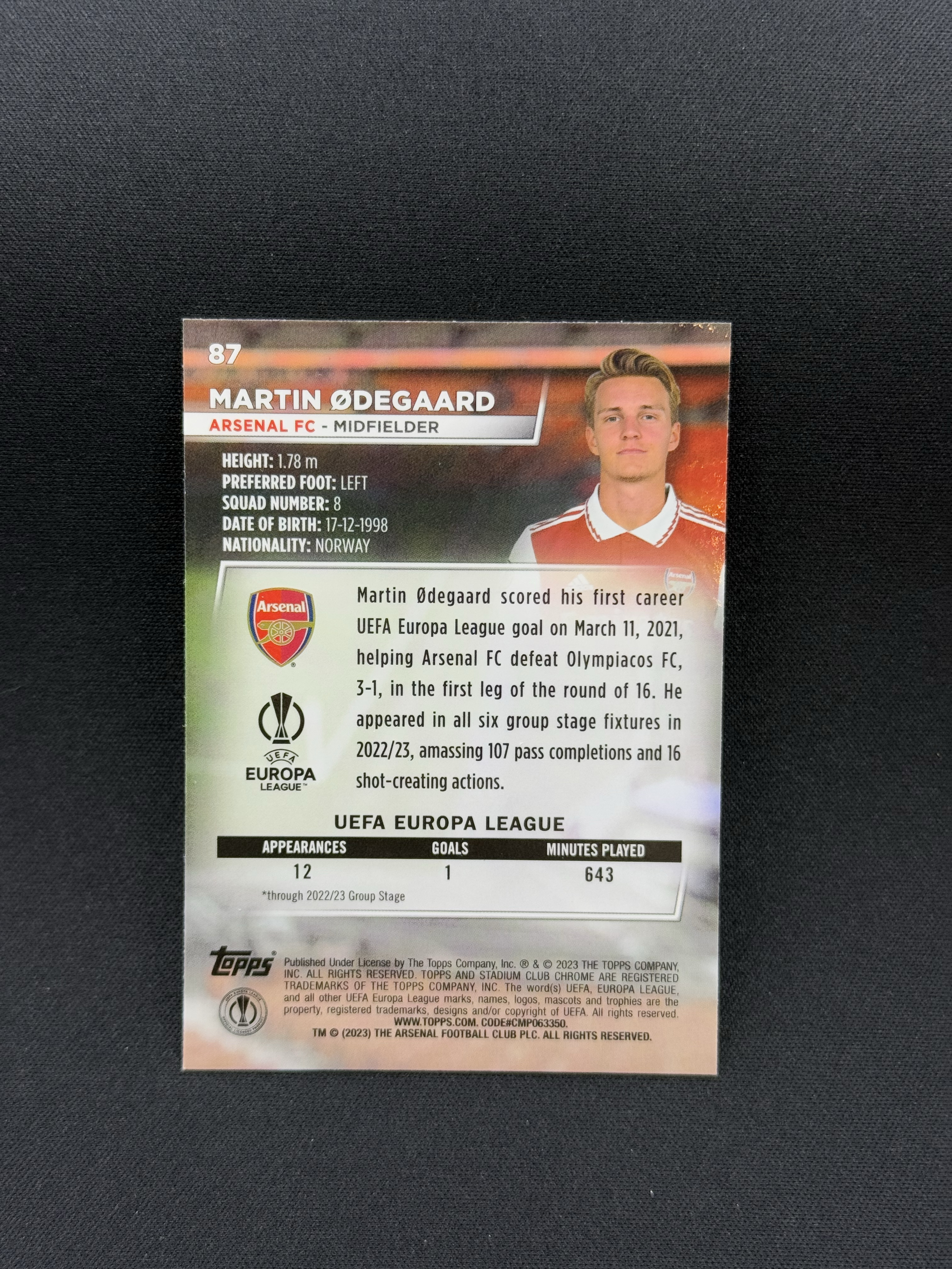 2022-23 Topps Stadium Club Martin Odegaard 【小贝代拍】欧战 竞技场 阿森纳 挪威 马丁 厄德高 粉闪电折 盒货 卡品如图 拍前看描述 H HimL