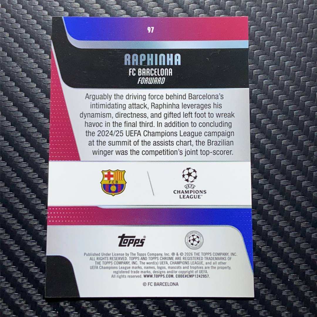 【小牛代拍】2026 Topps Chrome Raphinha 欧冠TC 巴塞罗那 巴萨 巴西 利兹联 拉菲尼亚 青折 青熔岩折 121/199编 卡品如图(polo)