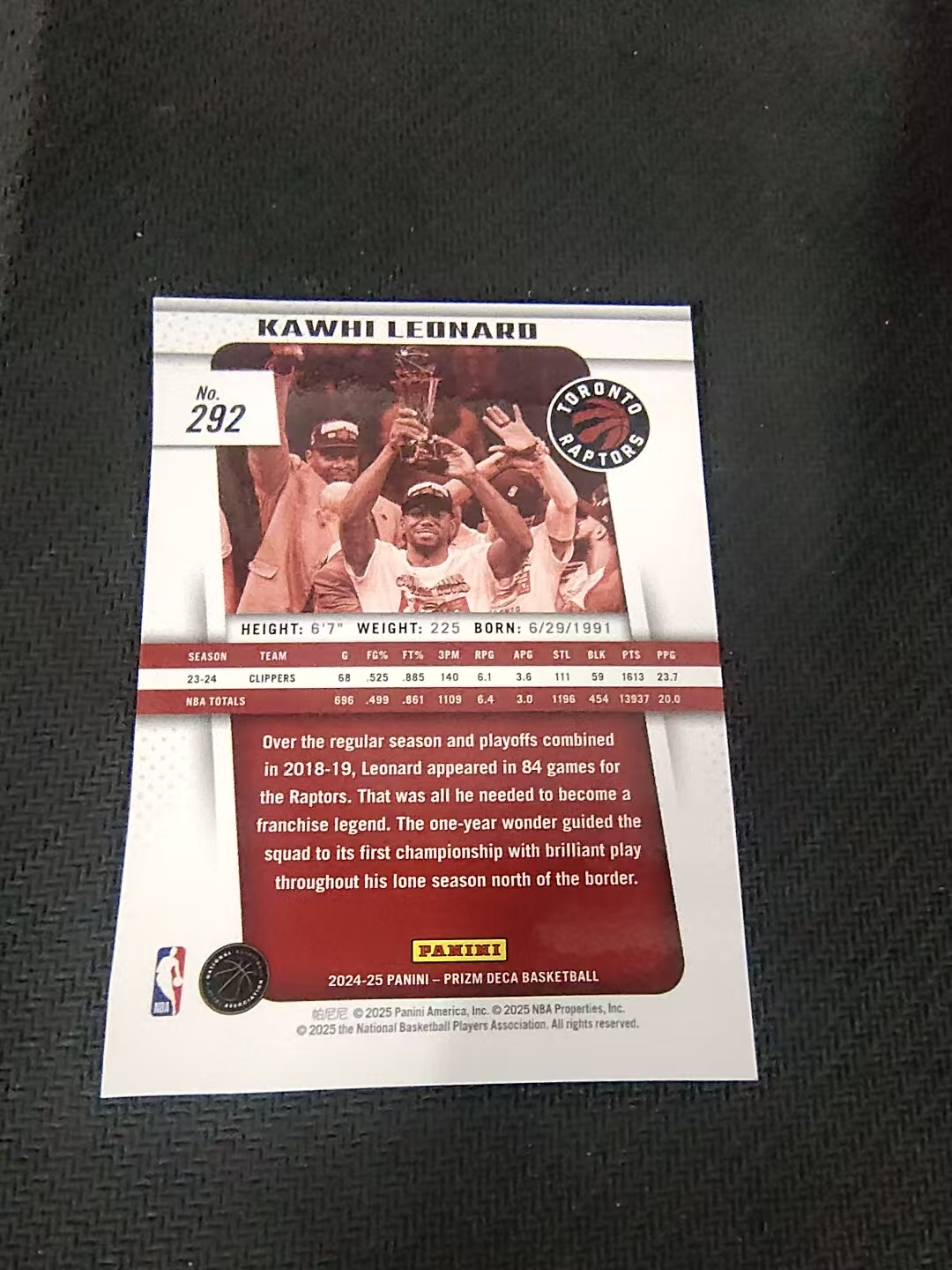 【可合并,不累计】2024-25 Panini Prizm Deca Kawhi Leonard 伦纳德 莱昂纳德 快船 PZ 复刻 MVP 捧杯 划痕 边角瑕疵 #292