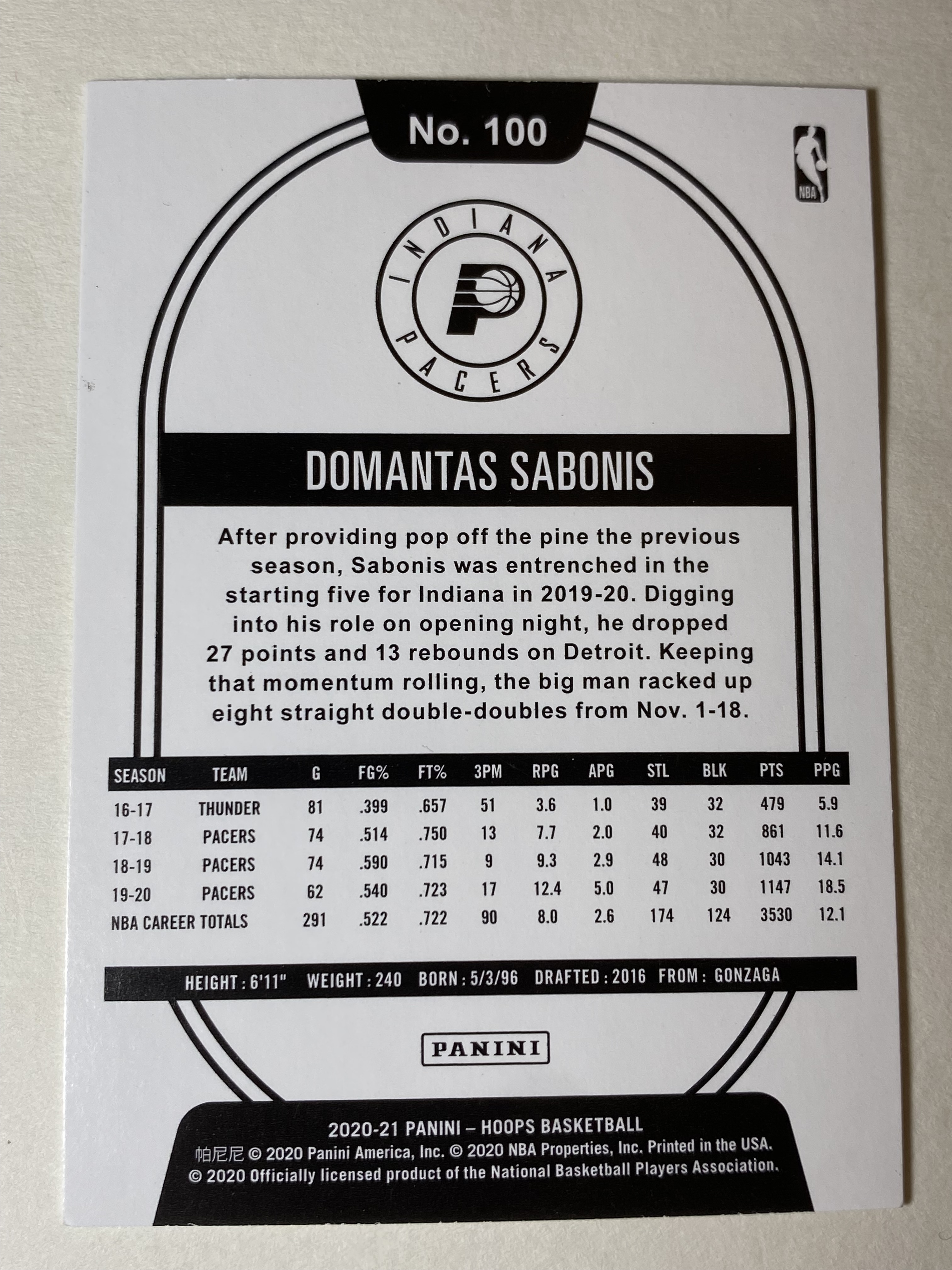 2020-21 Panini NBA Hoops Domantas Sabonis 多曼塔斯 萨博尼斯 步行者队 热门球星 收藏必备 凑套必备 实卡精美  #100