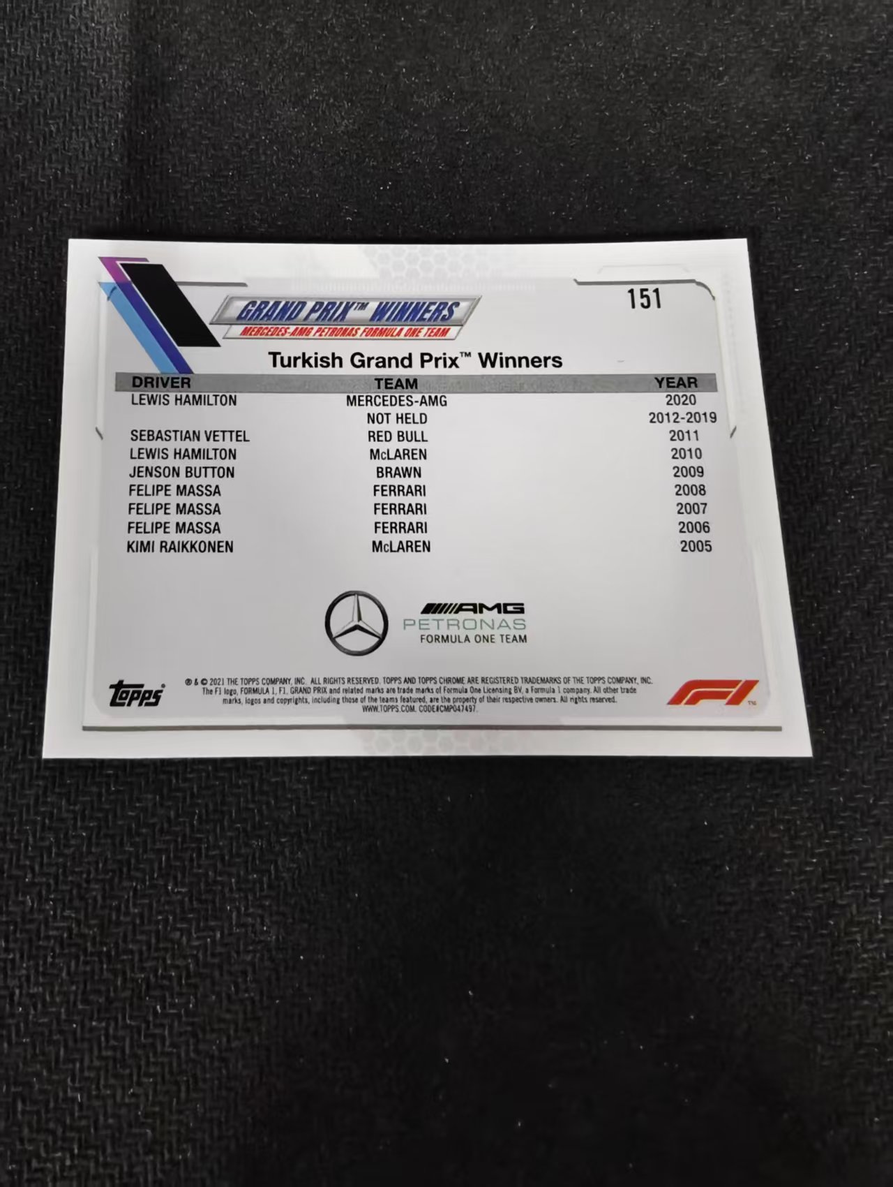 2021 Topps Chrome Lewis Hamilton F1 梅赛德斯奔驰车队 刘易斯 汉密尔顿 划痕 边角瑕疵 #151