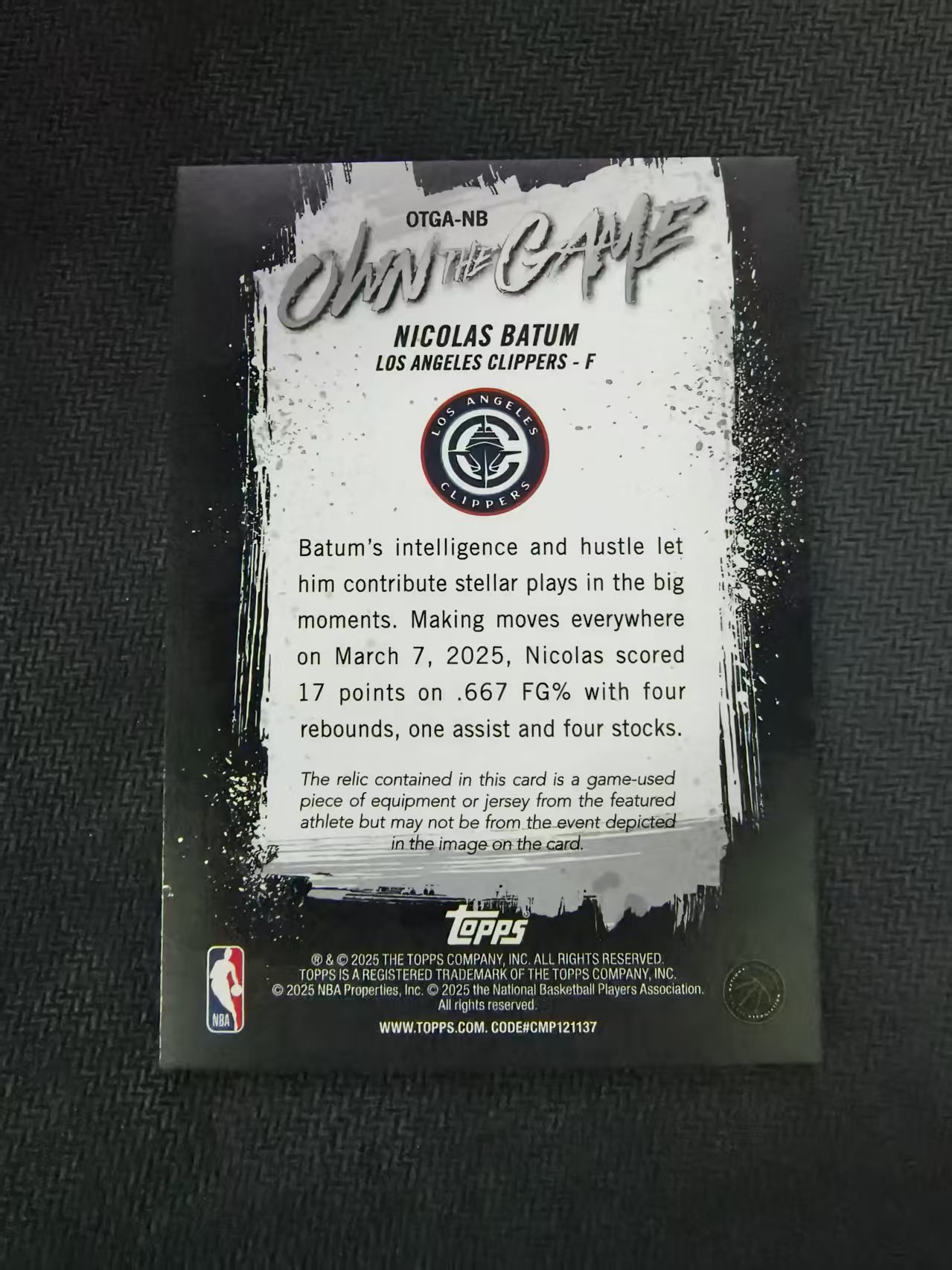 2025 Topps flagship Nicolas Batum 快船 尼古拉斯 巴图姆 巴爷 球衣切割 物料 小窗球衣 落场 卡品如图 收藏必备 柏