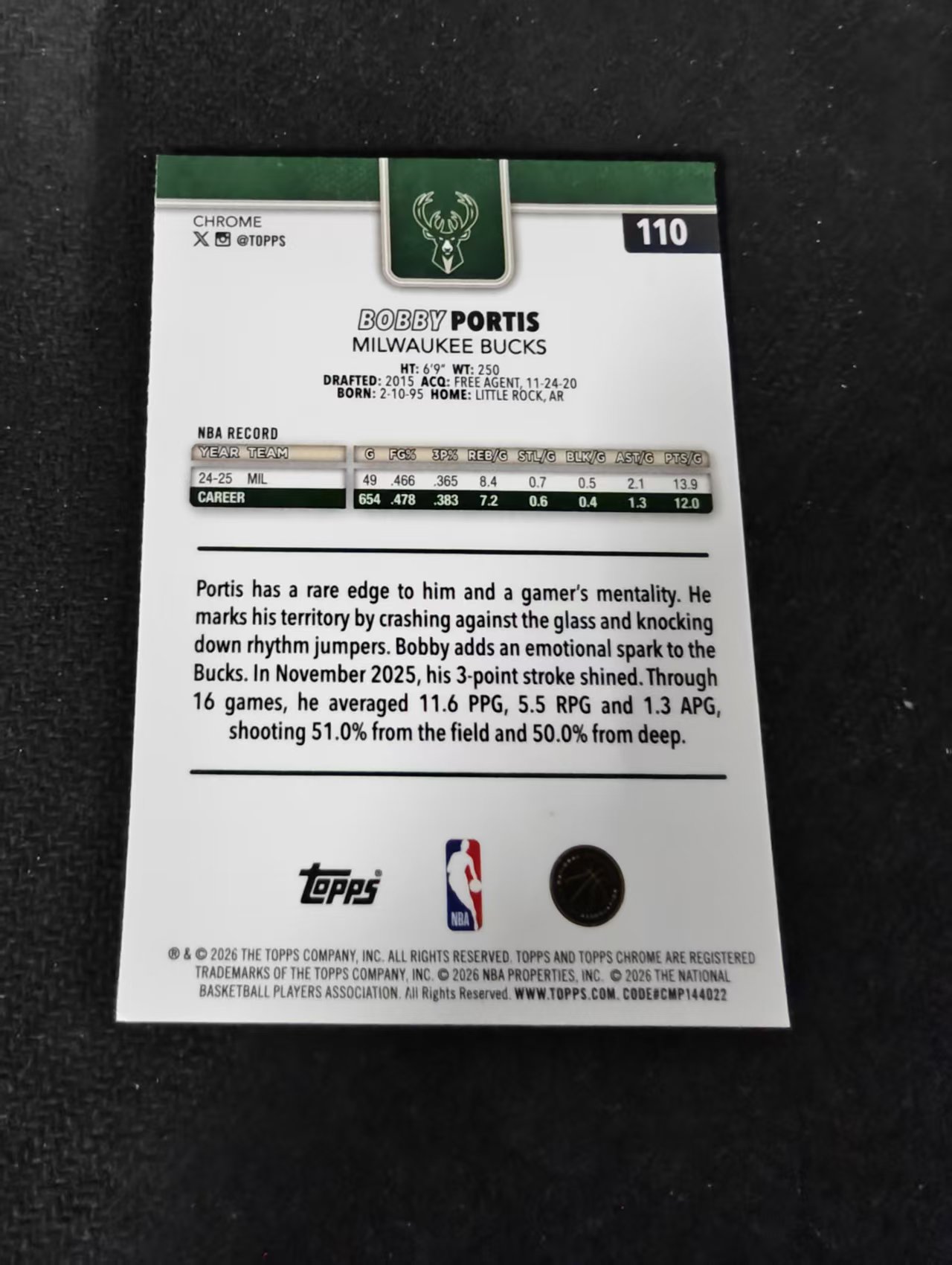 2026 Topps Chrome Update Bobby Portis 雄鹿 鲍比 波蒂斯 TCU 划痕 边角瑕疵 #110