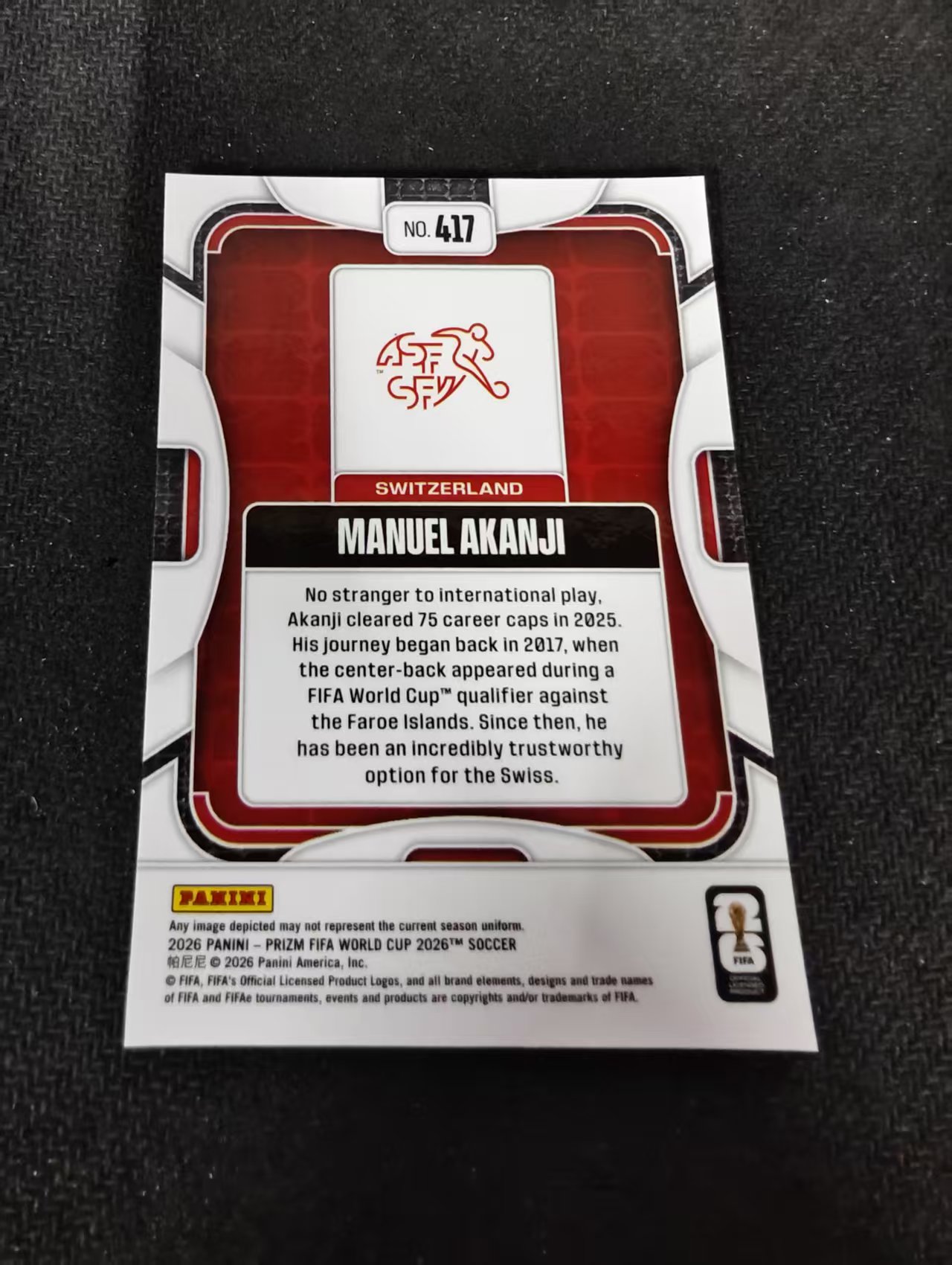 2026 Panini World Cup Prizm Manuel Akanji 曼努埃尔 阿坎吉 瑞士 PZ世界杯 划痕 边角瑕疵#417