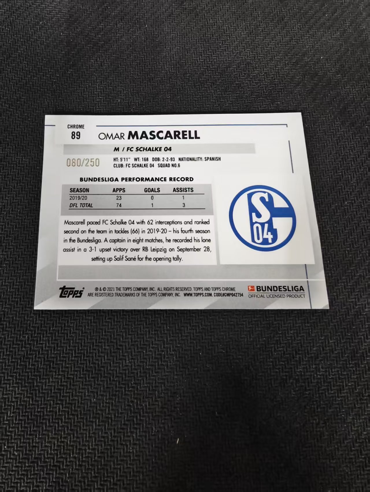 【可合并,不累计】2021 Topps Chrome MASCARELL 马斯卡雷尔 德甲 波纹折 250编