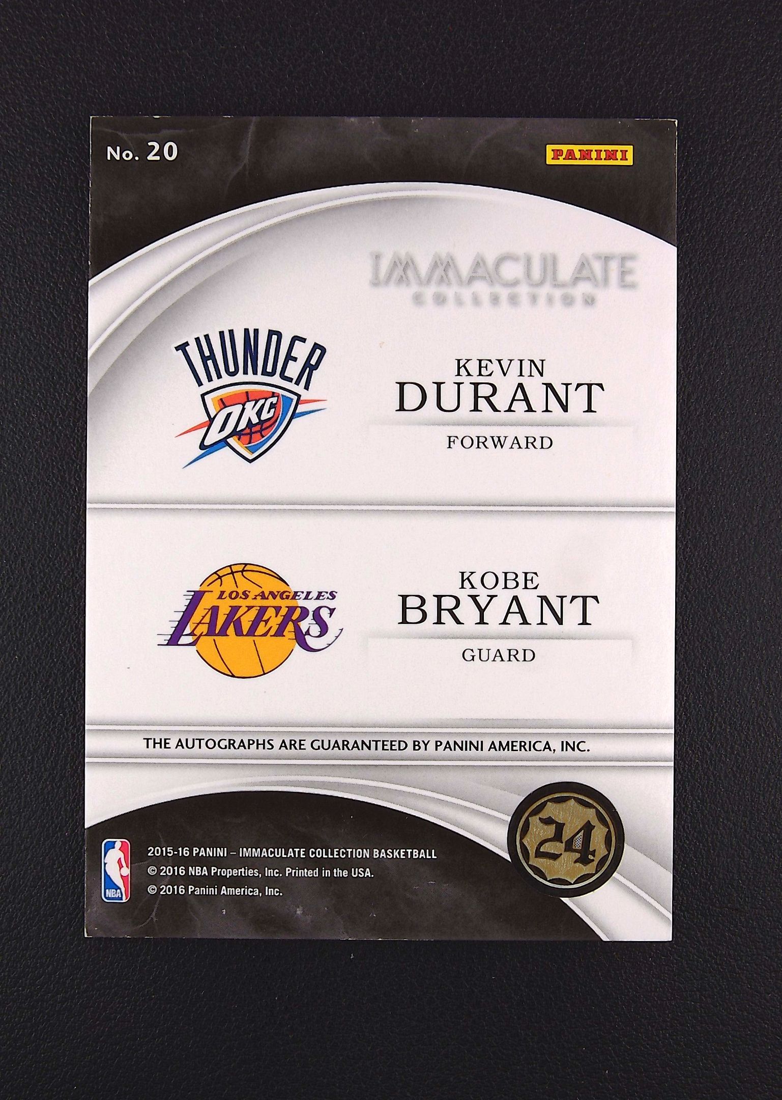 【古都代拍精品】 2015-16 Panini Immaculate Kobe Bryant 湖人 科比 布莱恩特 雷霆 Kevin Durant 凯文 杜兰特 49编 镜面 双签 卡签 签字 微瑕如图 得分王双签 值得收藏#61 #HY