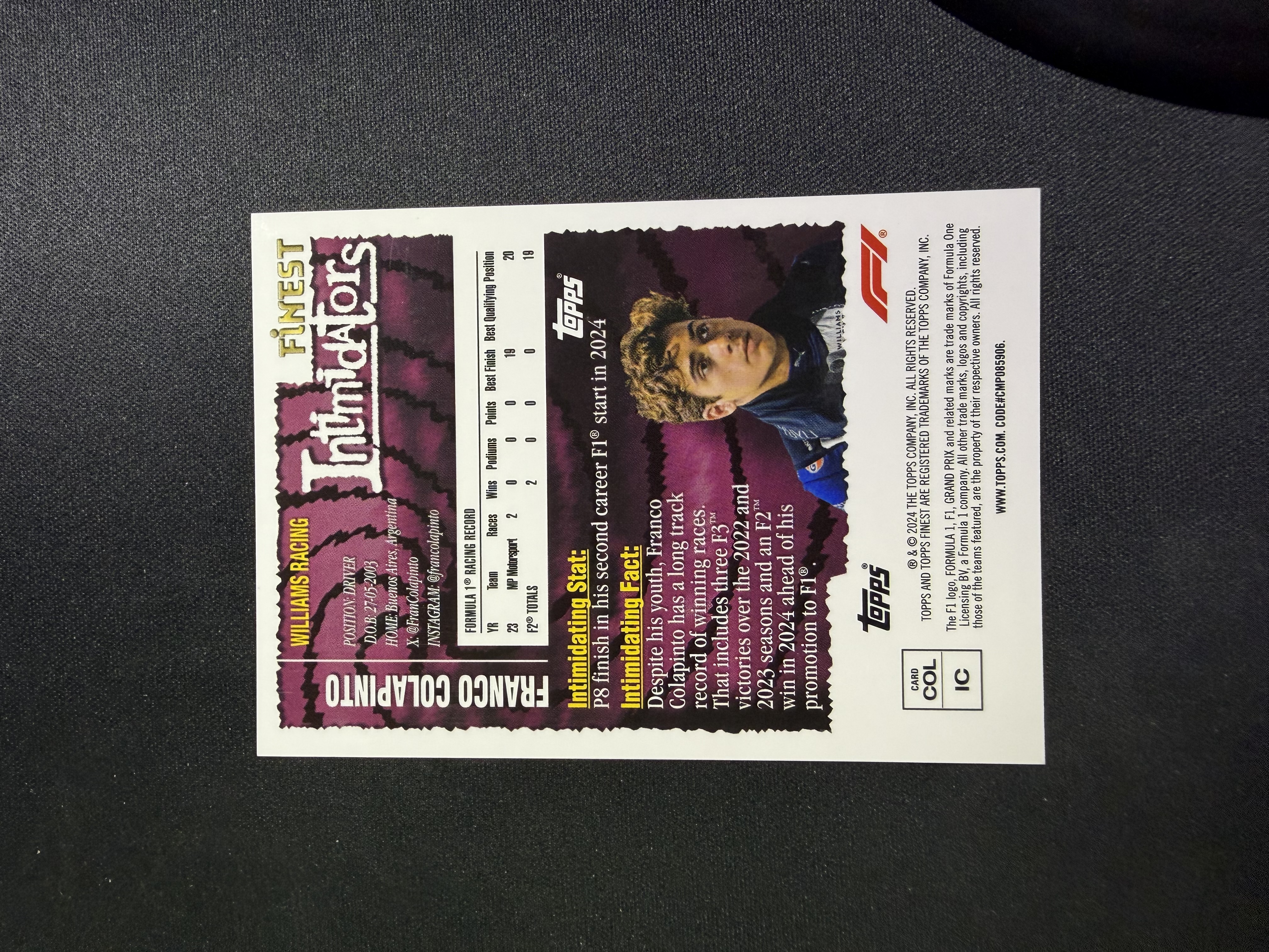 2024 Topps Finest Franco Colapinto RC 弗兰克 科拉平托 威廉姆斯车队 新秀 22/25编 折射 黑折 实卡精美 收藏凑套必备 PPP