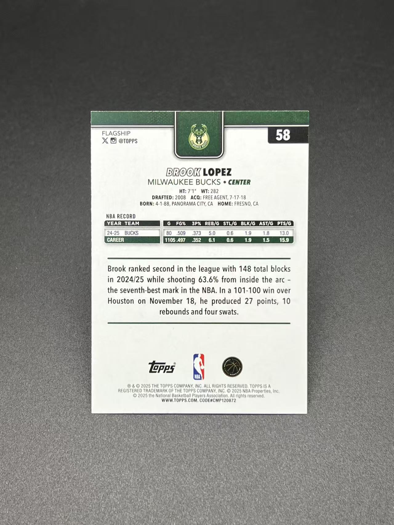 2025 Topps Flagship Brook Lopez #58 布鲁克 洛佩斯 大洛 雄鹿 金折 2025编 Base 专收必备 车厘子