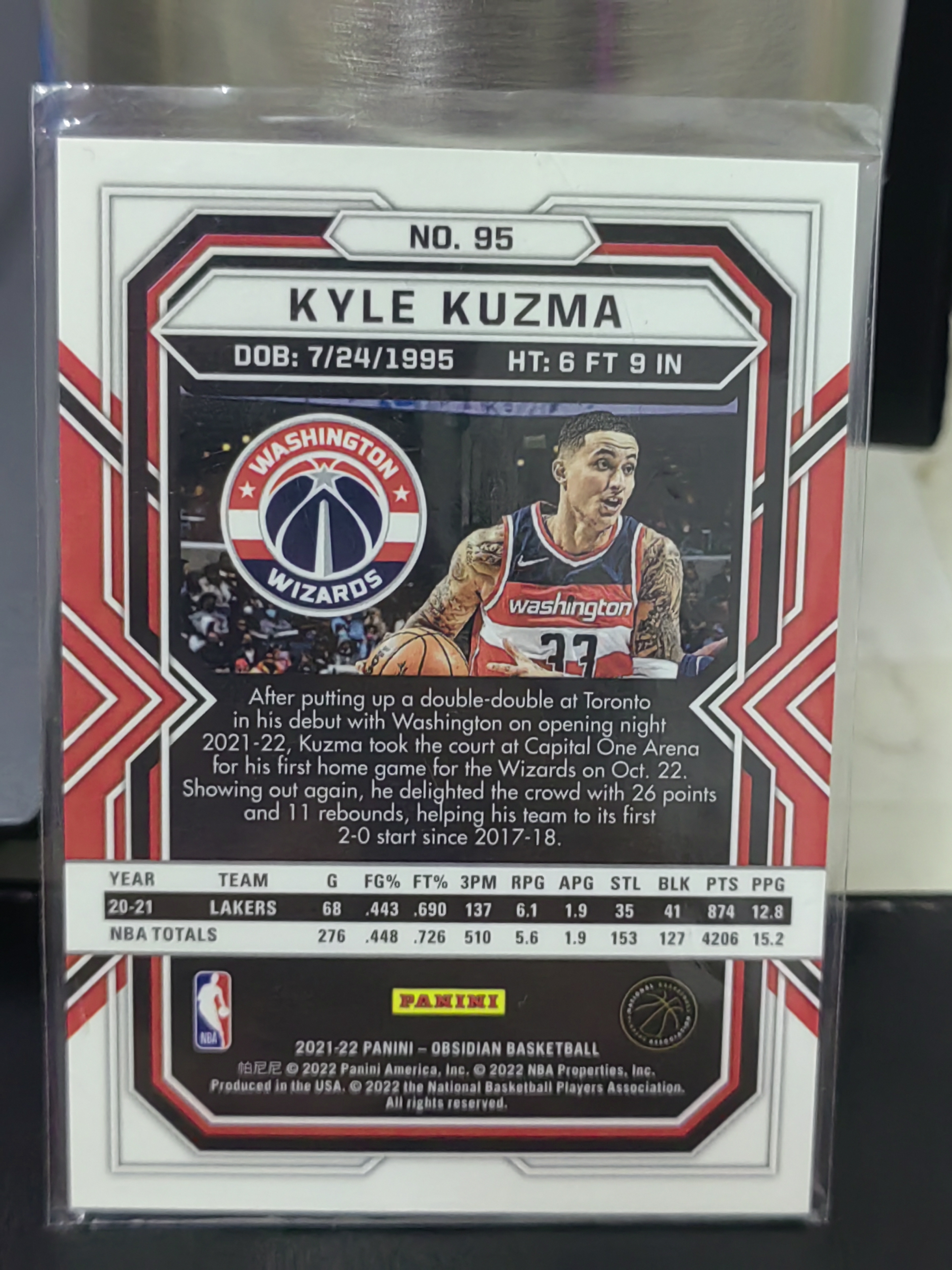 2021-22 Panini Obsidian Kyle Kuzma 黑曜石 红折 凯尔 库兹马 奇才 篮 白边白角 不保卡品 卡品如图