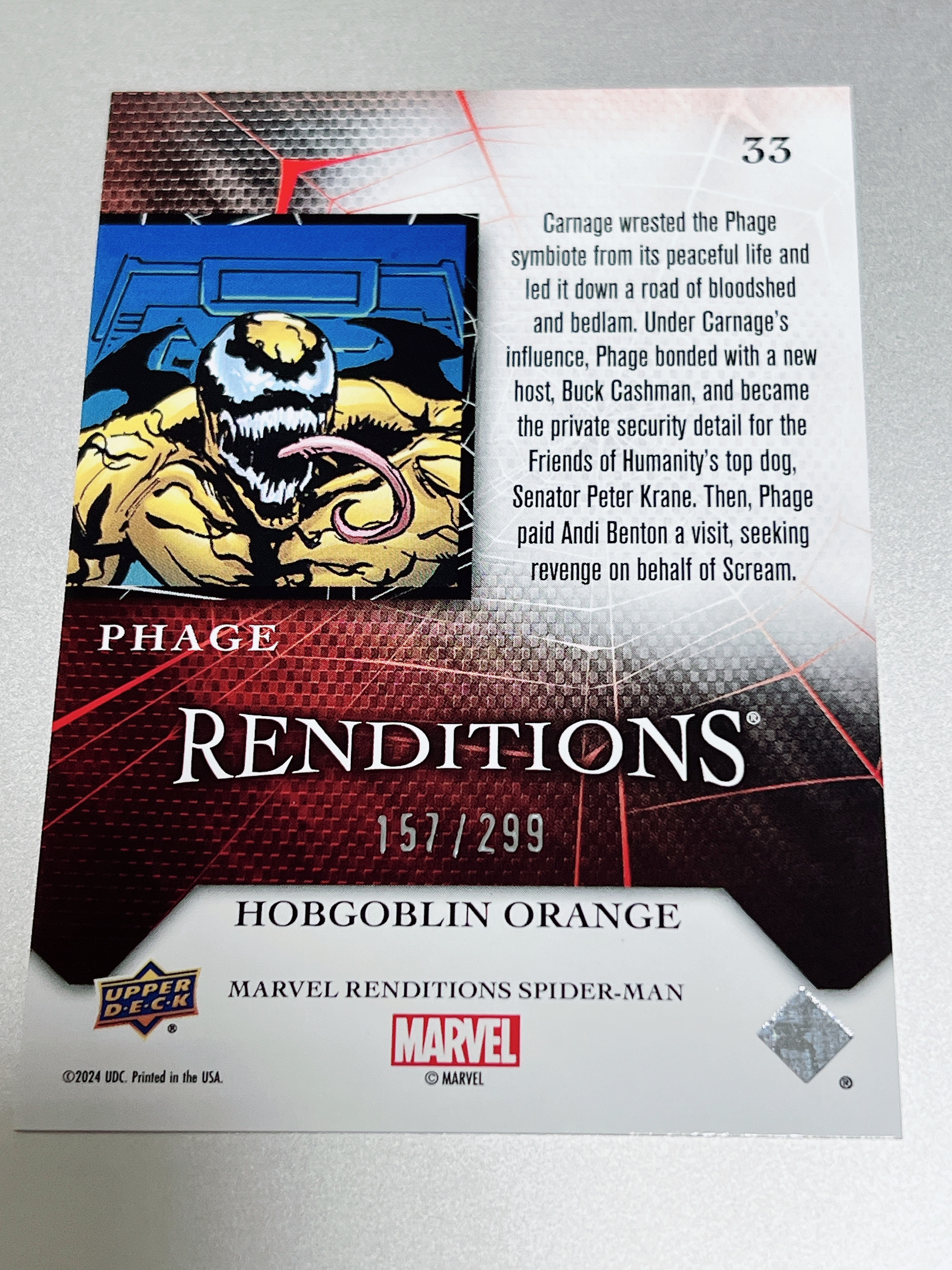2024 Upper Deck Marvel (MCU) renditions 漫威 蜘蛛侠 演绎 Phage 吞噬 限量 157/299 299编 毒液共生体 品相如图 凑套必备