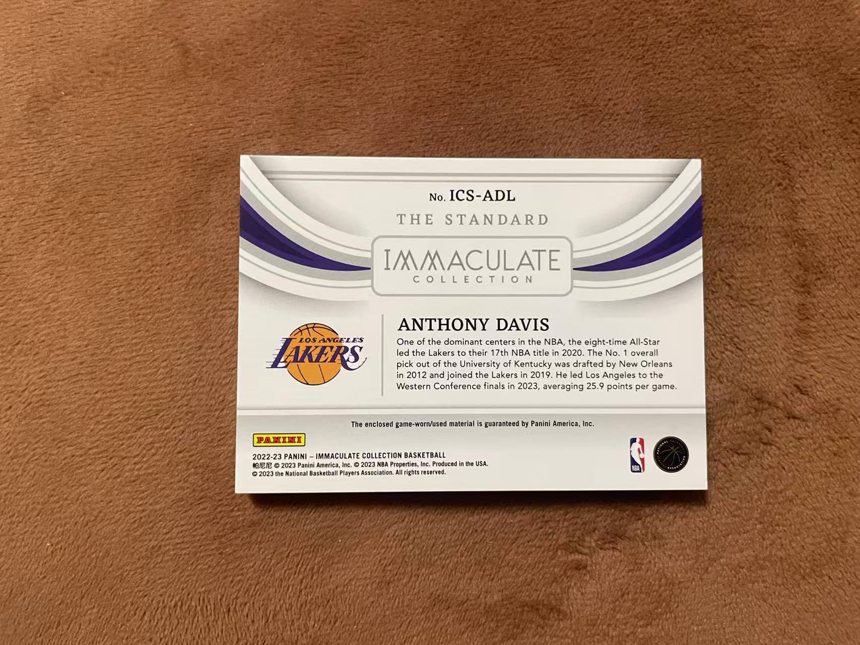 2022-23 Panini Immaculate Anthony Davis imm爱咪咪 湖人 安东尼 戴维斯 AD 浓眉 The Standard 大窗GU球衣 落场切割patch 99编【z】