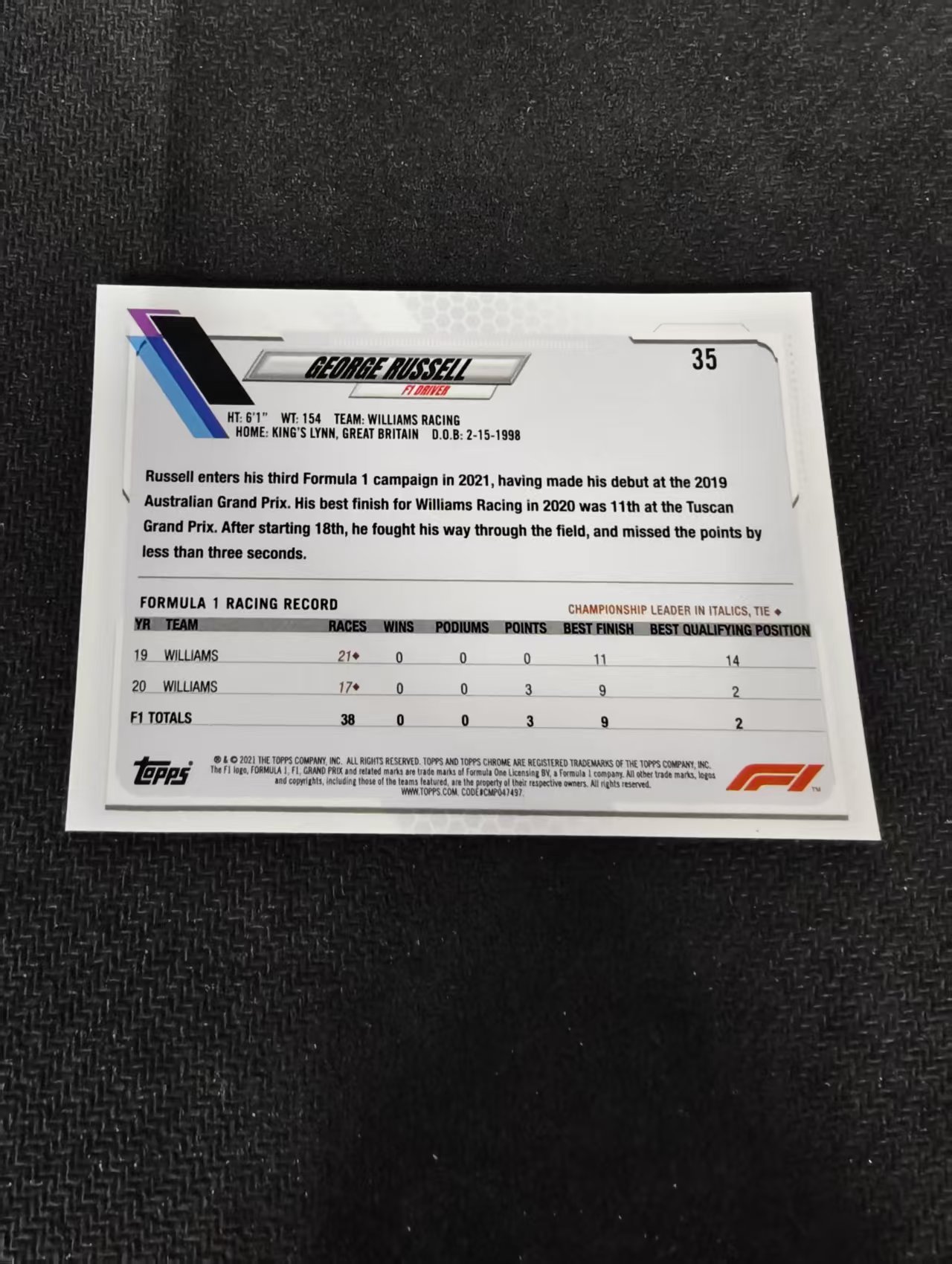2021 Topps Chrome George Russell F1 威廉姆斯车队 乔治 拉塞尔 划痕 边角瑕疵 #35