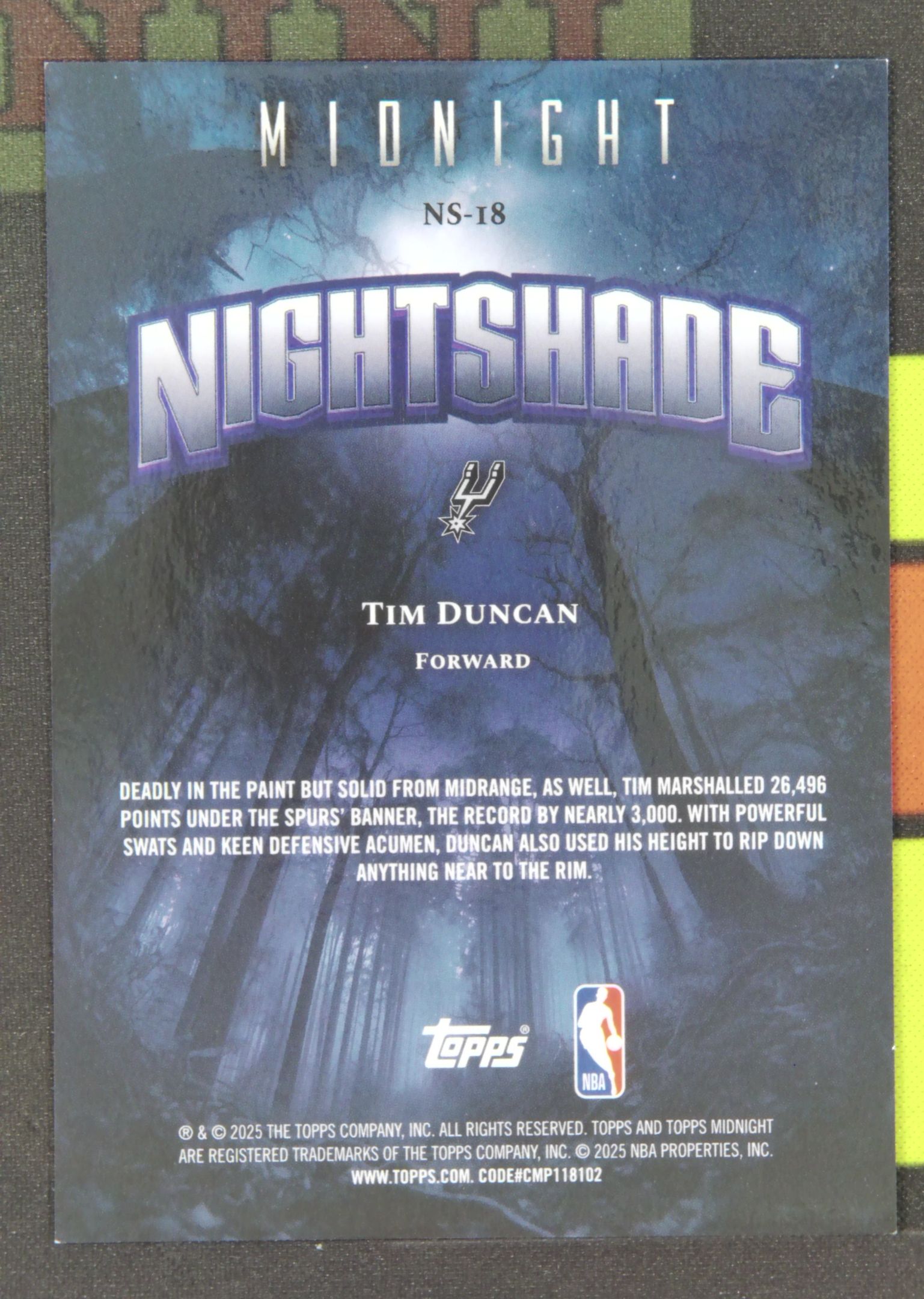 2025-26 Topps Midnight Tim Duncan Nirvana Project 蒂姆 邓肯 马刺 夜影特卡 银折 折射 午夜 卡品如图 xu001