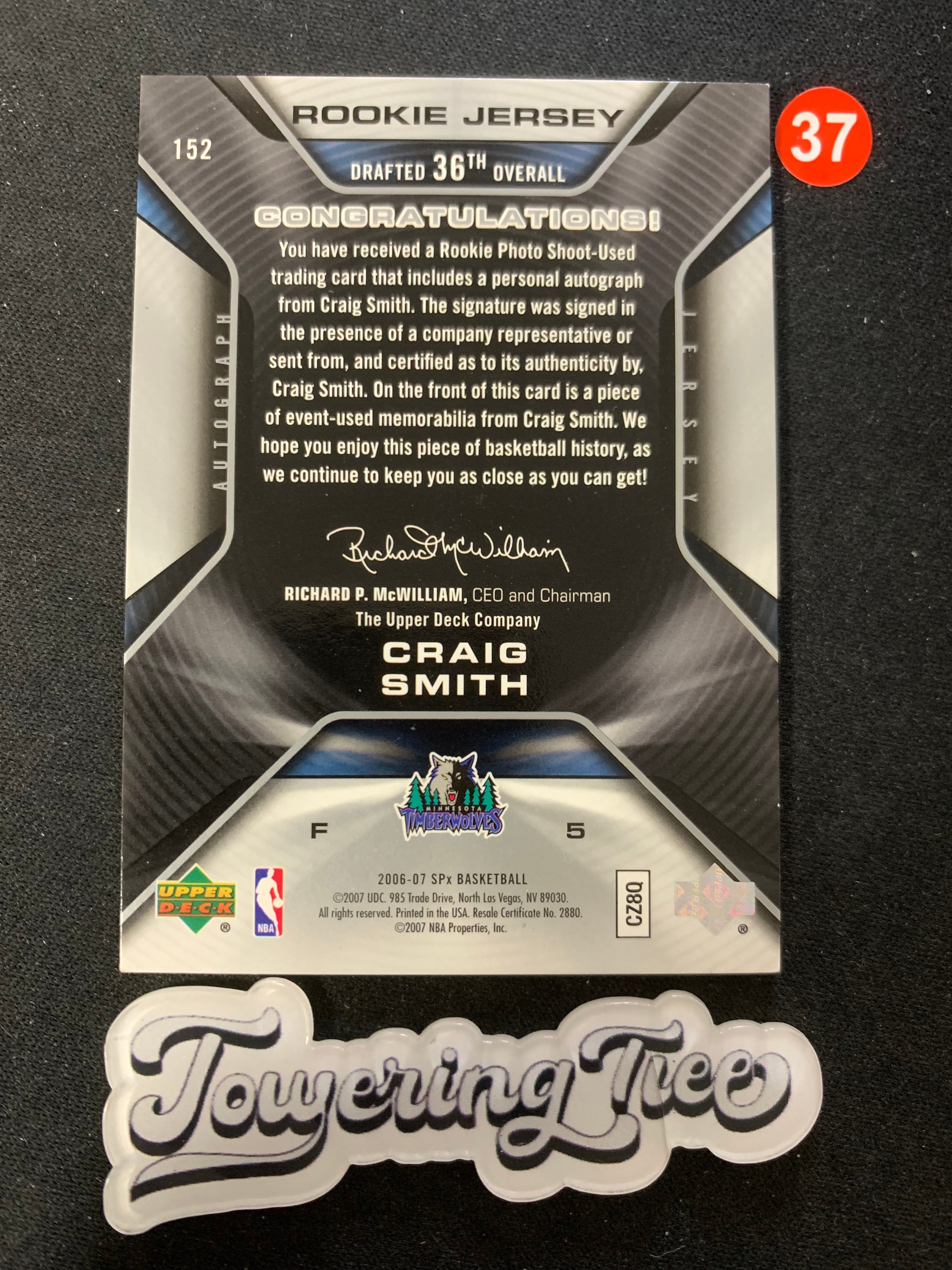 2006-07 Upper Deck SPx Craig Smith RC 【大树代卖】克雷格史密斯 森林狼新秀 1199编 银折 RJA 签字 物料球衣 瑕疵如图(T01C/红37