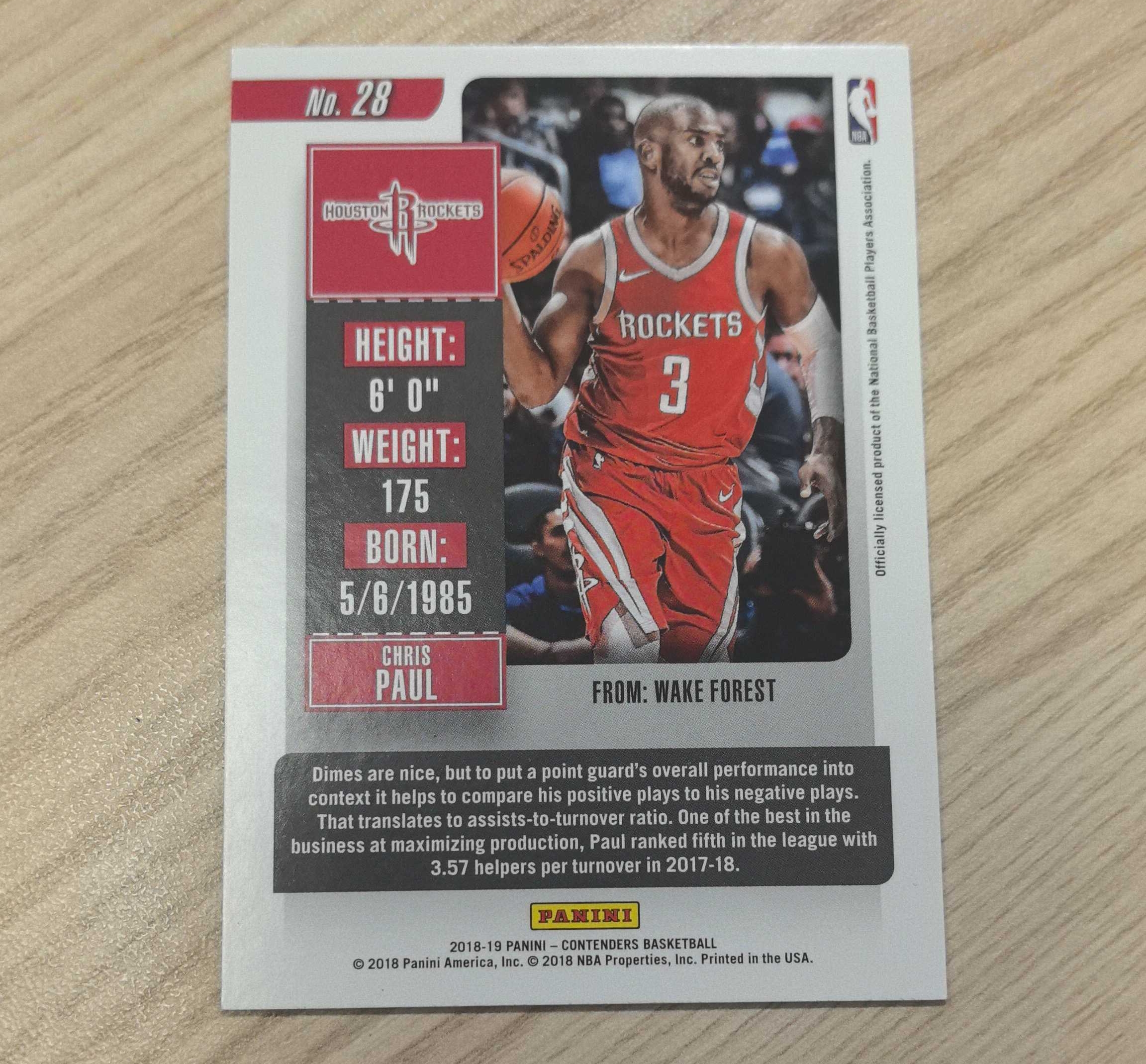 2018-19 Panini Contenders Chris Paul 克里斯·保罗 球票控卫之神 75大 12届全明星 11届最佳阵容 9届最佳防阵奥运冠军助攻王抢断王黄蜂快船火箭雷霆太阳勇士马刺