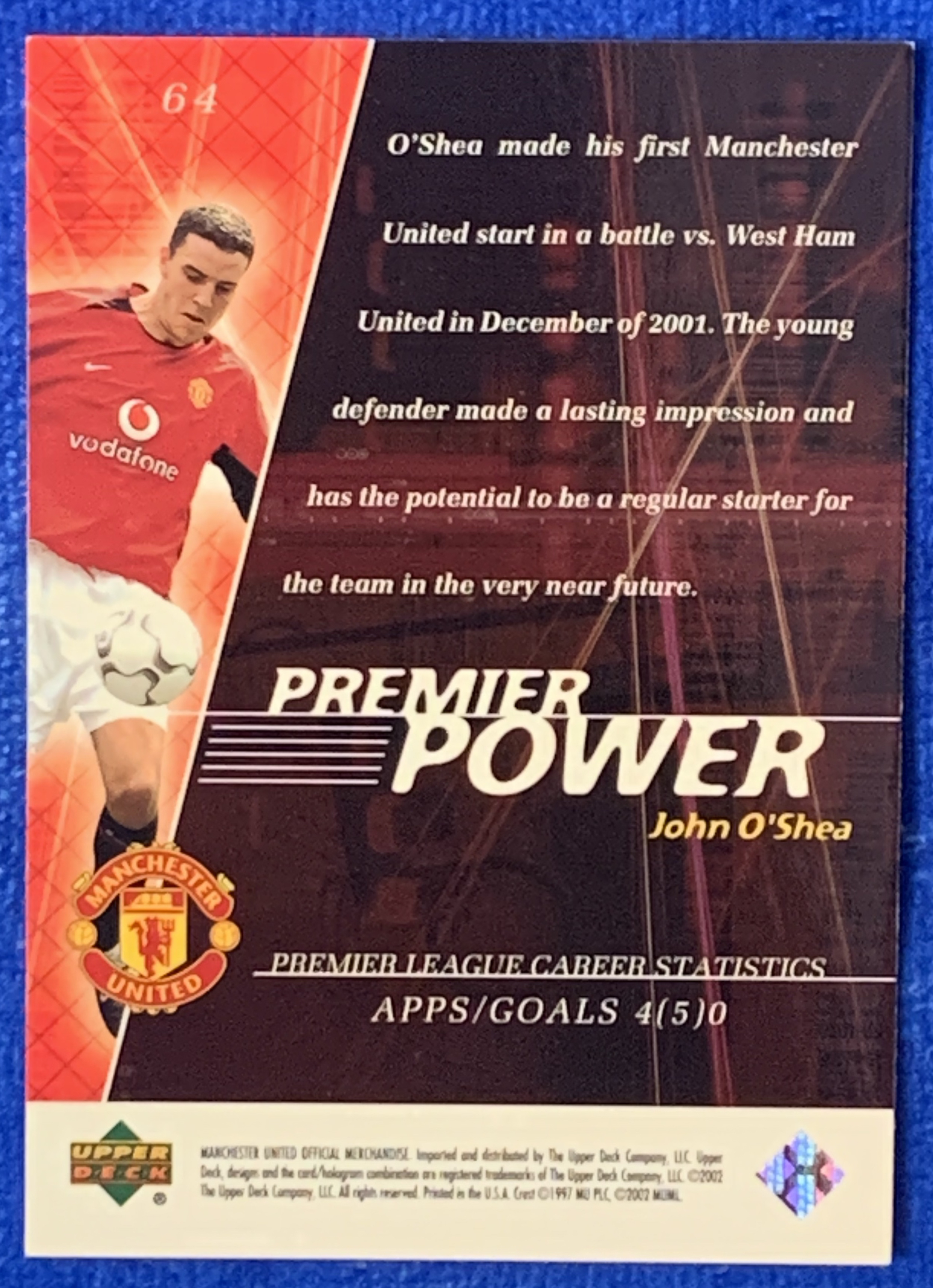 2002 Upper Deck Manchester United O‘Shea 亚德 英超力量特卡 曼联 奥谢 爱尔兰国脚Ireland 后场万金油 欧冠英超冠军 不保卡品 ebay有价