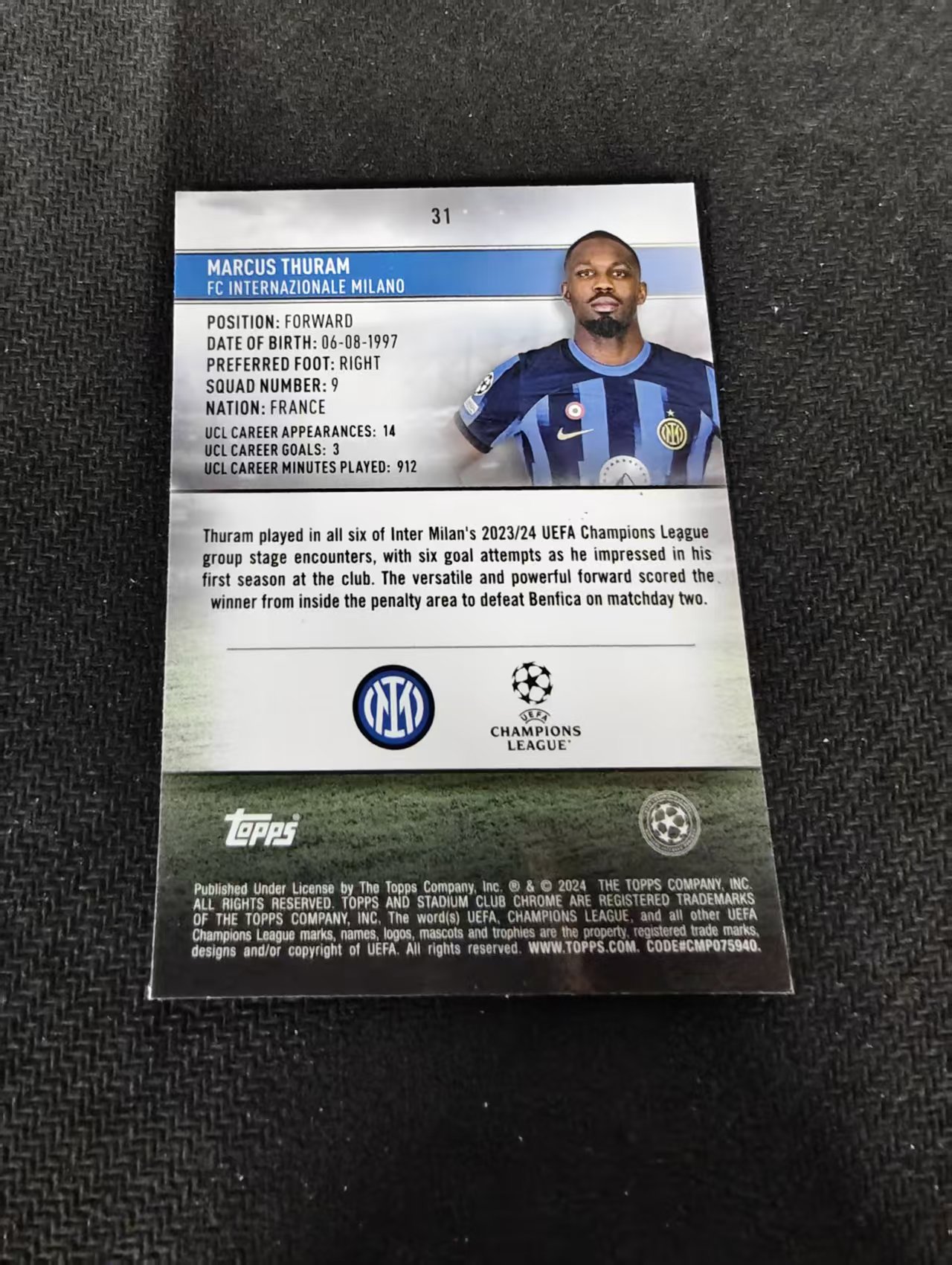 【可合并,不累计】2024 Topps Stadium Club Chrome Marcus Thuram 图拉姆 国际米兰 竞技场 欧冠 不保卡品 介意勿拍 #31
