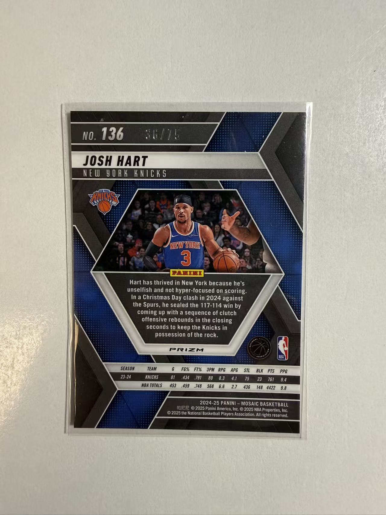 2024-25 Panini Mosaic Josh Hart 马赛克 纽约 约什 哈特 75编 卡品如图 不保卡品 介意勿拍