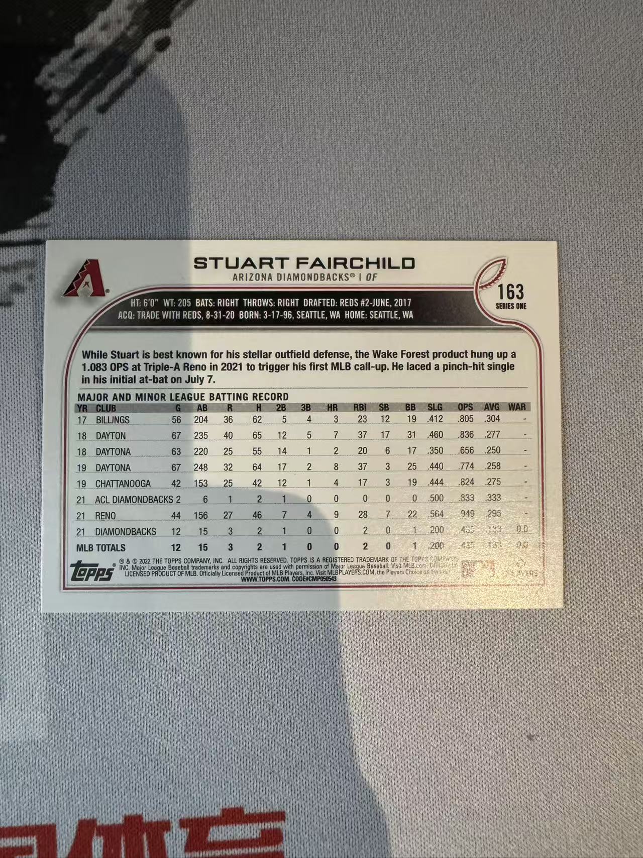 2022 Topps Series 1 Stuart Fairchild RC MLB 系列1 亚利桑那响尾蛇 新秀 斯图尔特 费尔柴尔德 银Holo 纸卡 卡品如图 凑套收藏