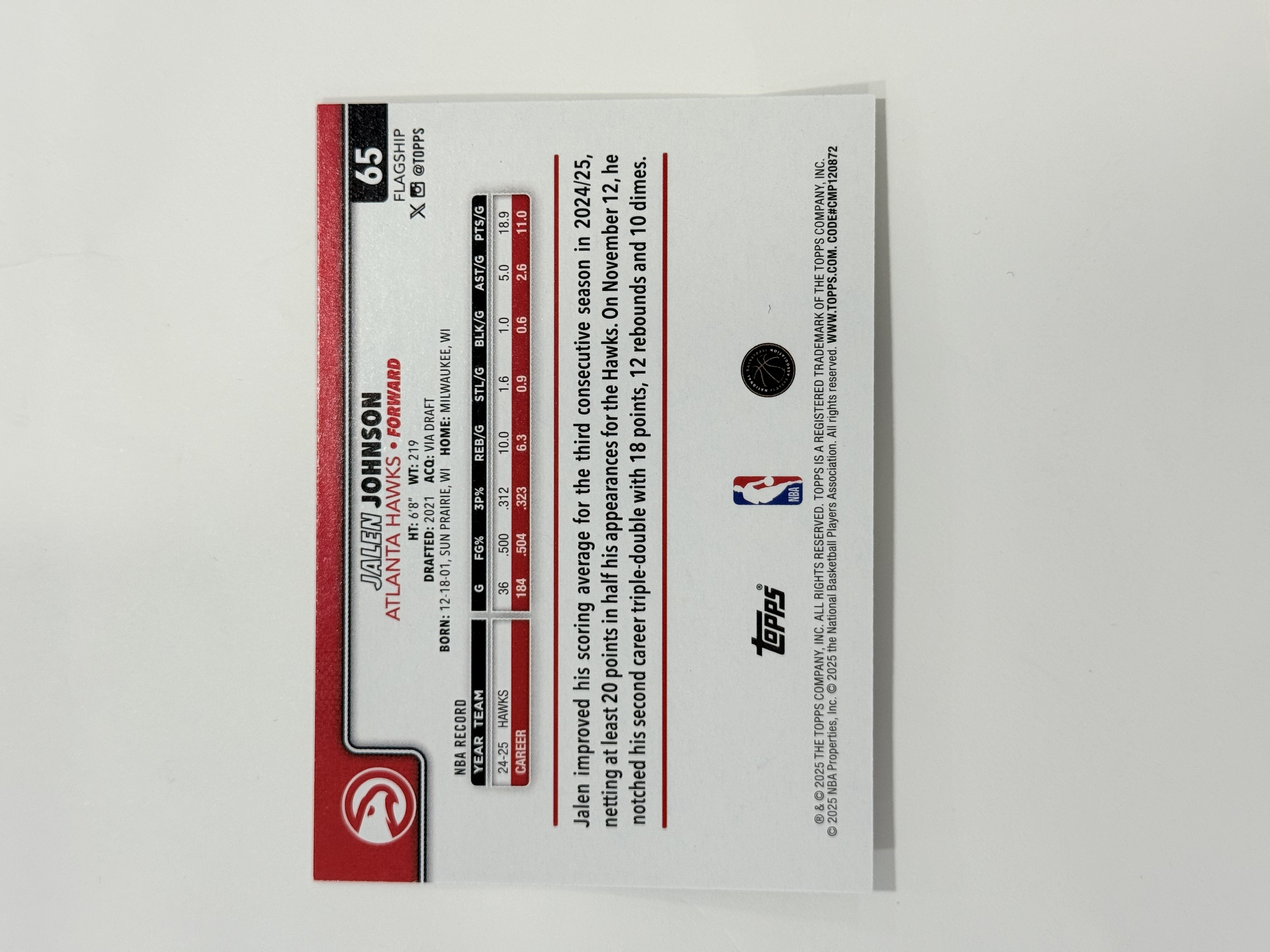2025-26 Topps Flagship Jalen Johnson 元年旗舰 老鹰 杰伦约翰逊 黑折 47/68编 有望全明星 可冲PSA10 特雷杨好搭档 爱德华兹哈利伯顿马克西三球同届