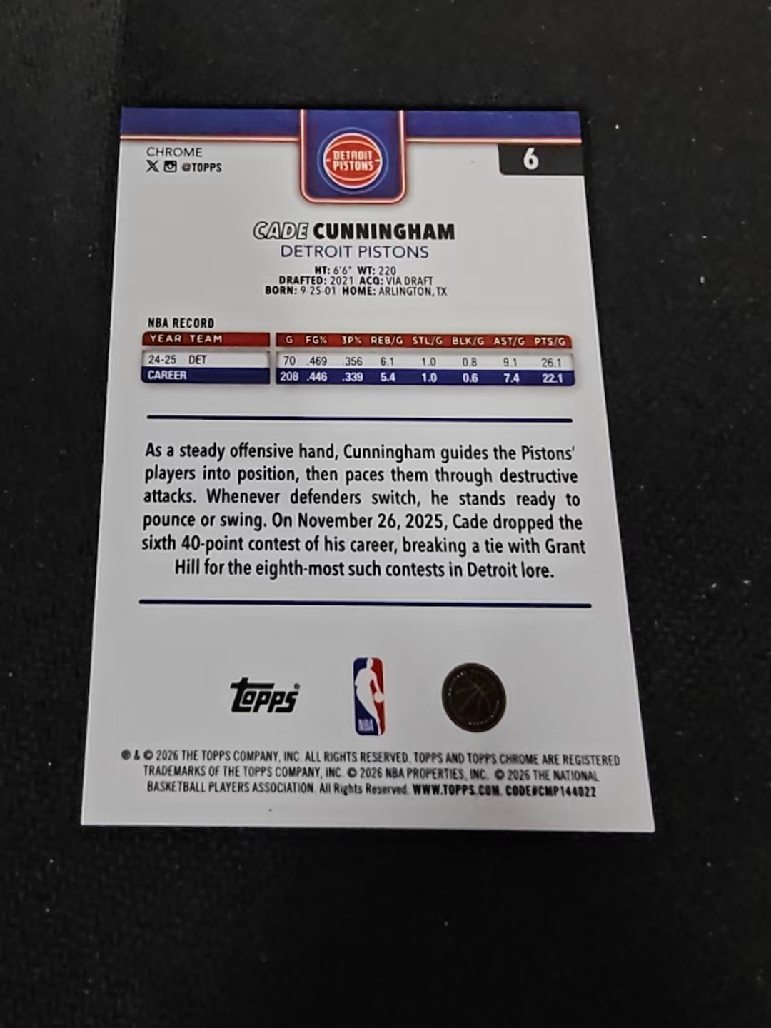 2026 Topps Chrome Update 活塞 CADE CUNNINGHAM 坎宁安 CC 康宁汉姆 TCU 划痕 边角瑕疵 #6