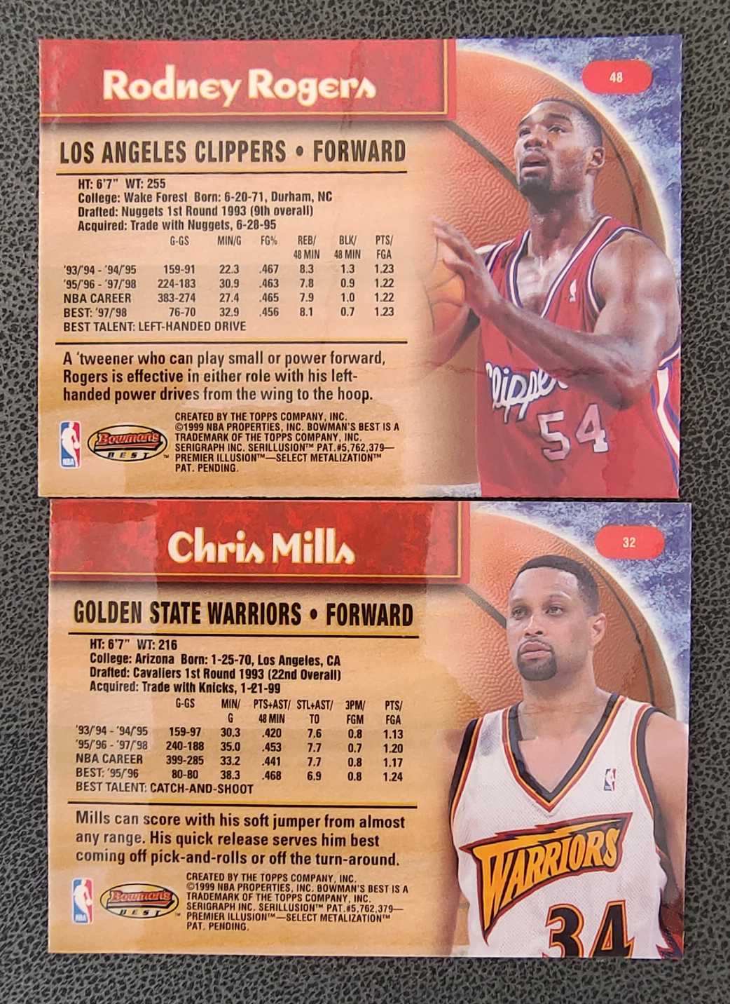 1999 topps Bowmans best chris mills金州勇士队 罗德尼罗杰斯Rodney Rogers 洛杉矶快船 老卡两张打包 不保卡品