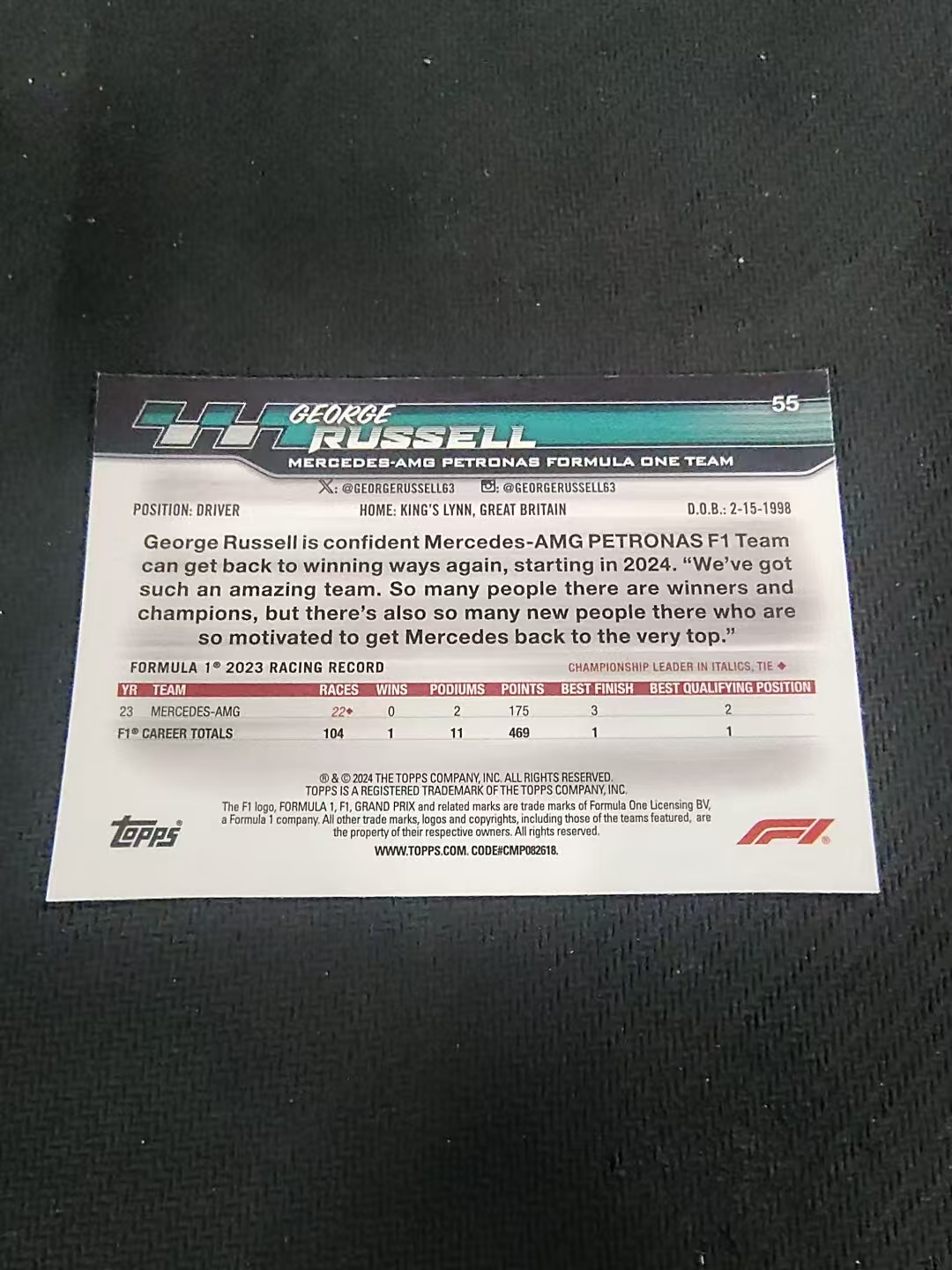 【汽水拍卖】2024 Topps Paddock Pass F1 George Russell 梅赛德斯AMG车队 乔治 拉塞尔 围场通行证 划痕 边角瑕疵 #55