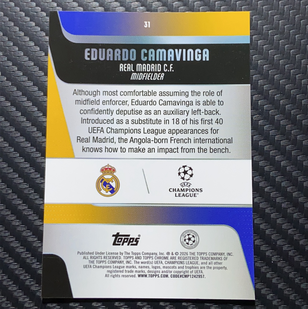 【小牛代拍】2026 Topps Chrome Eduardo Camavinga 欧冠TC 法国 雷恩 皇家马德里 皇马 卡马文加 65/75编 紫折 熔岩折 卡品如图(polo)