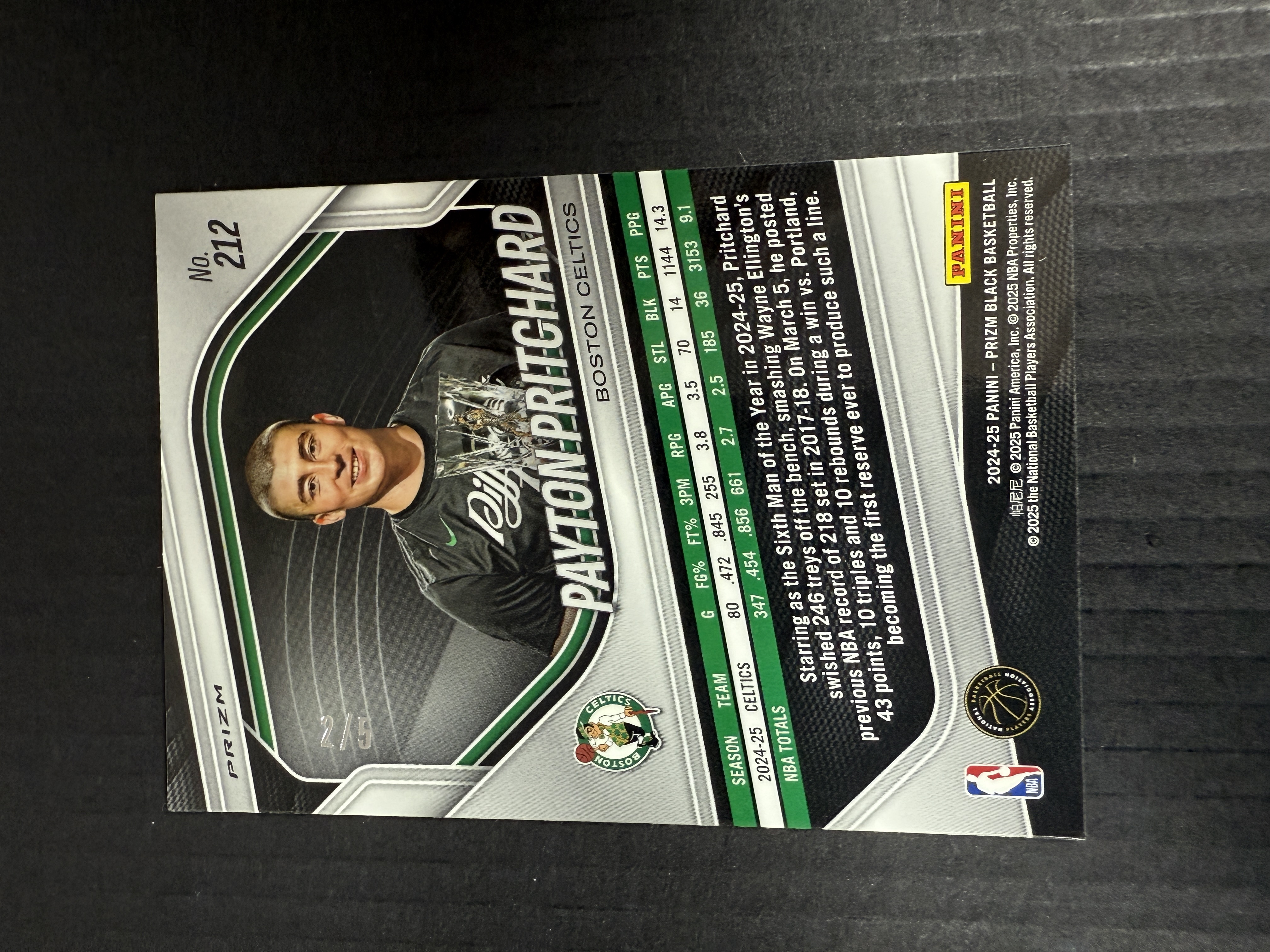 【GOAT山羊拍卖】大叔 2024-25赛季 prizm black系列 普理查德 爆金折 捧杯最佳第六人选图 /5 超低编 凯尔特人新星 品相如图